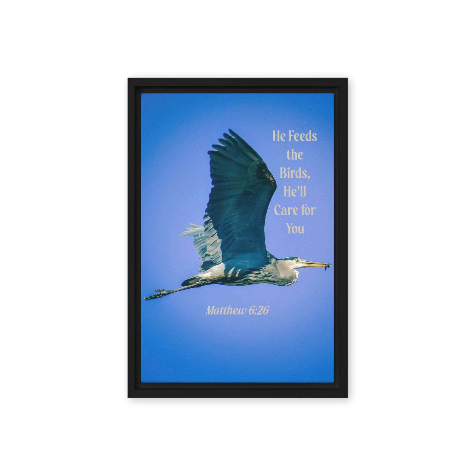 Matthew 6:26 Graceful Heron, He'll Care for You Framed Canvas Print Wall Art Black 12″×18″