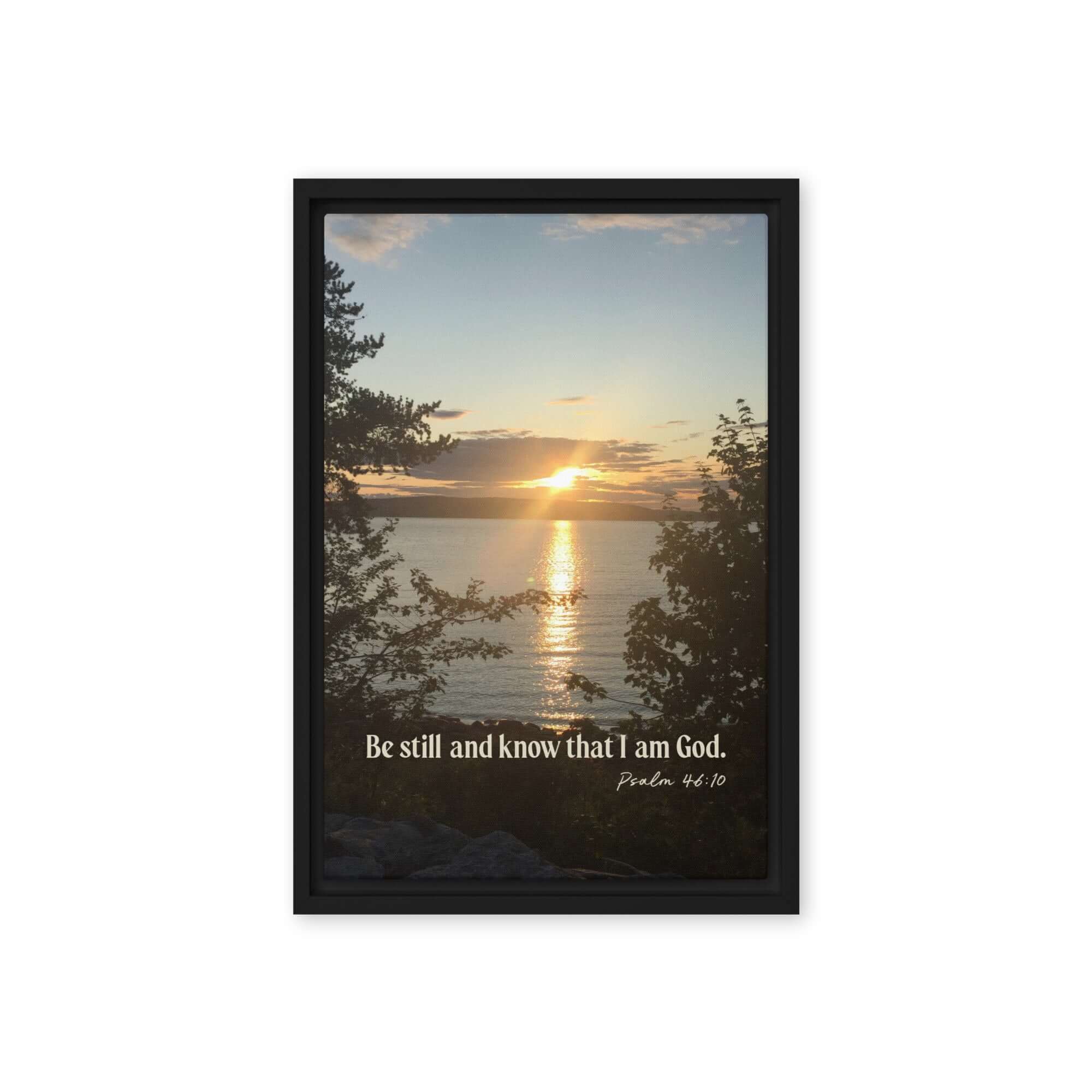 Psalm 46:10 Bible Verse, Sunset Glory Framed Canvas Print Wall Art Black 12″×18″