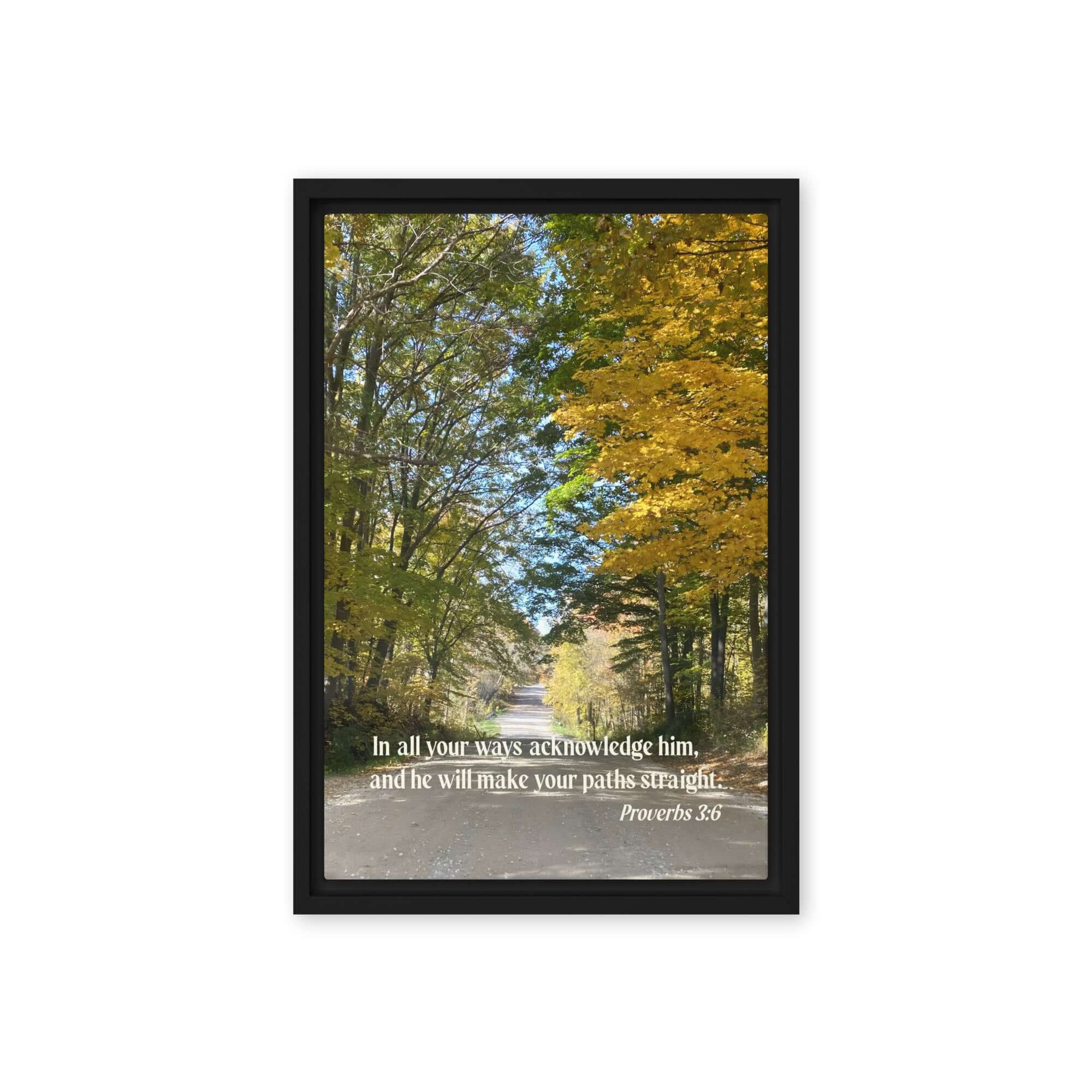 Proverbs 3:6 Bible Verse, Fall Road Framed Canvas Print Wall Art Black 12″×18″