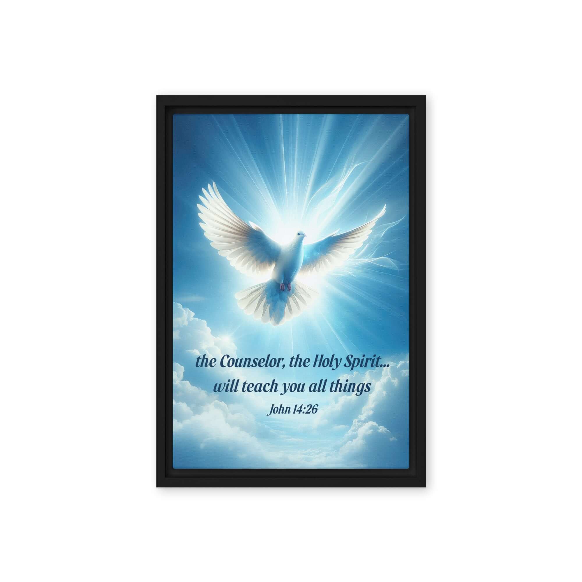 John 14:26 Bible Verse, Holy Spirit Dove Framed Canvas Print Wall Art Black 12″×18″