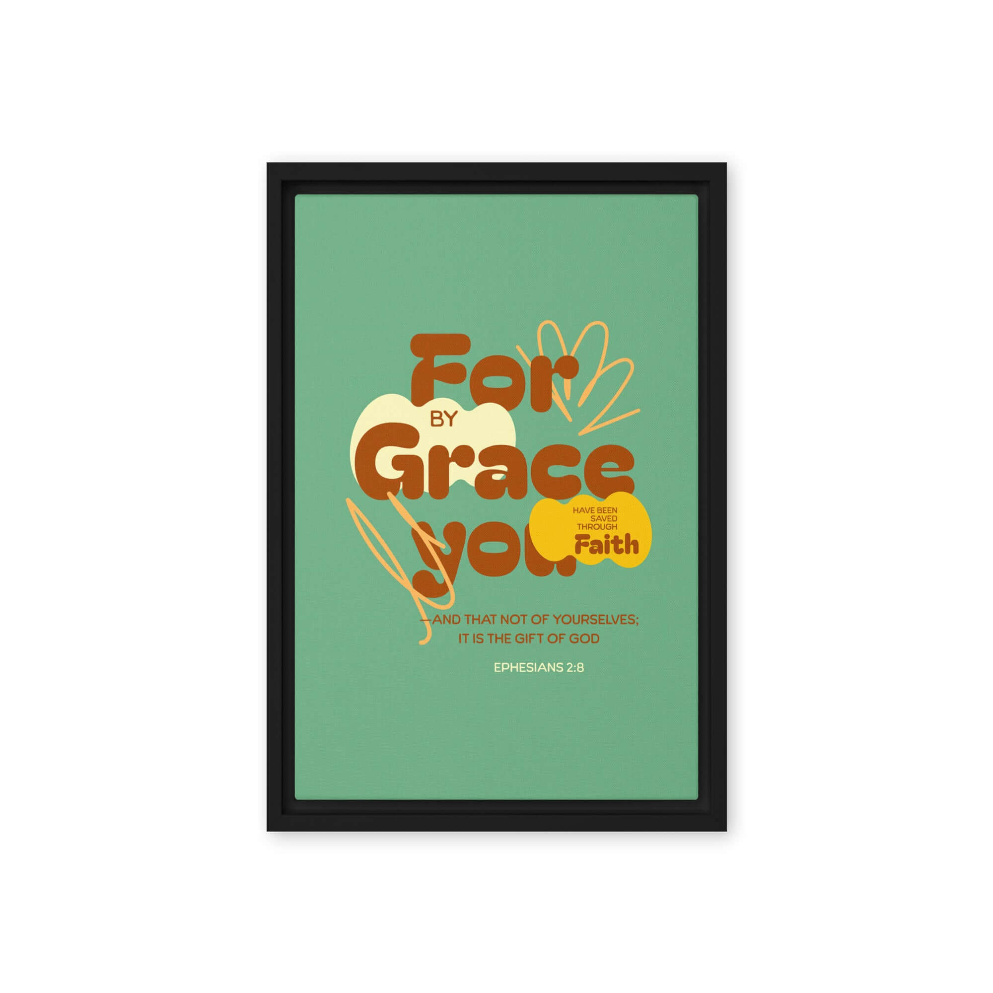 Ephesians 2:8 Bible Verse, for by grace Framed Canvas Print Wall Art Black 12″×18″