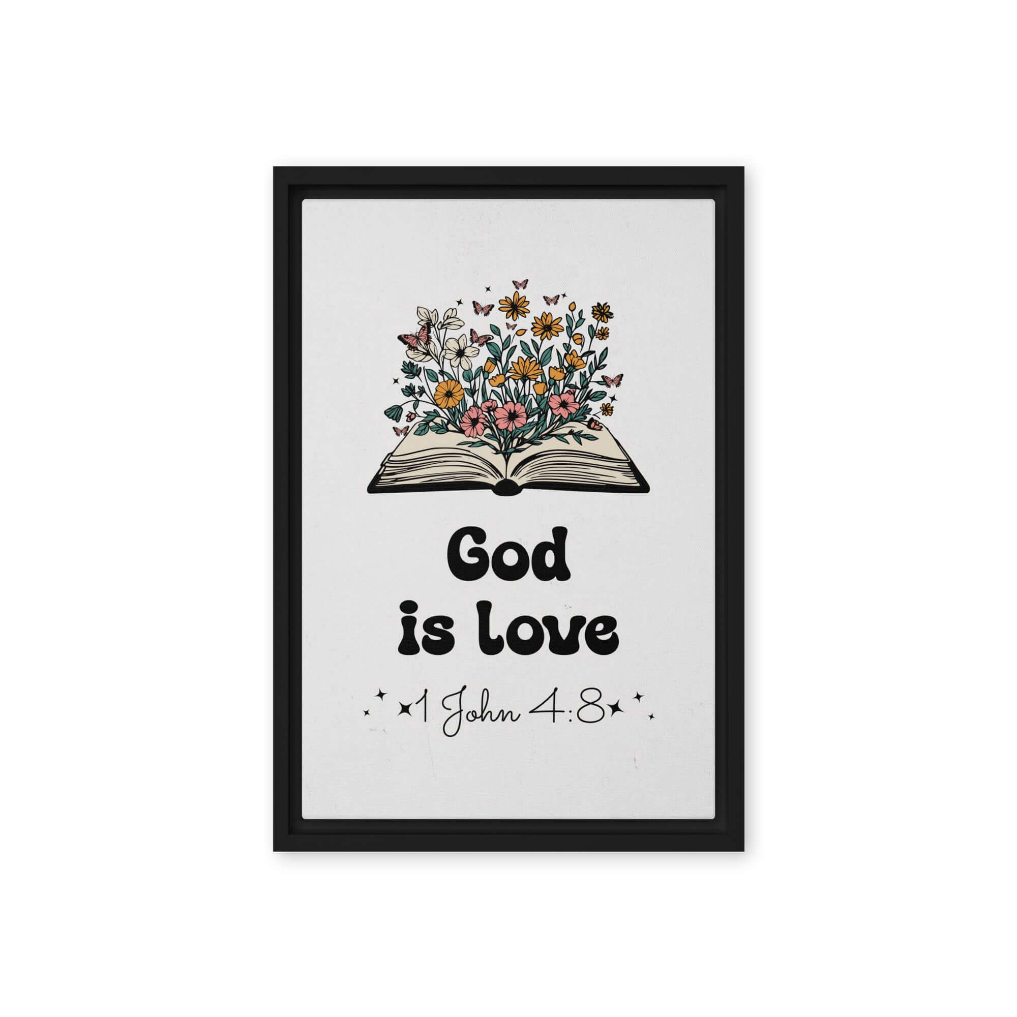1 John 4:8 Bible Verse, God is Love Framed Canvas Print Wall Art Black 12″×18″