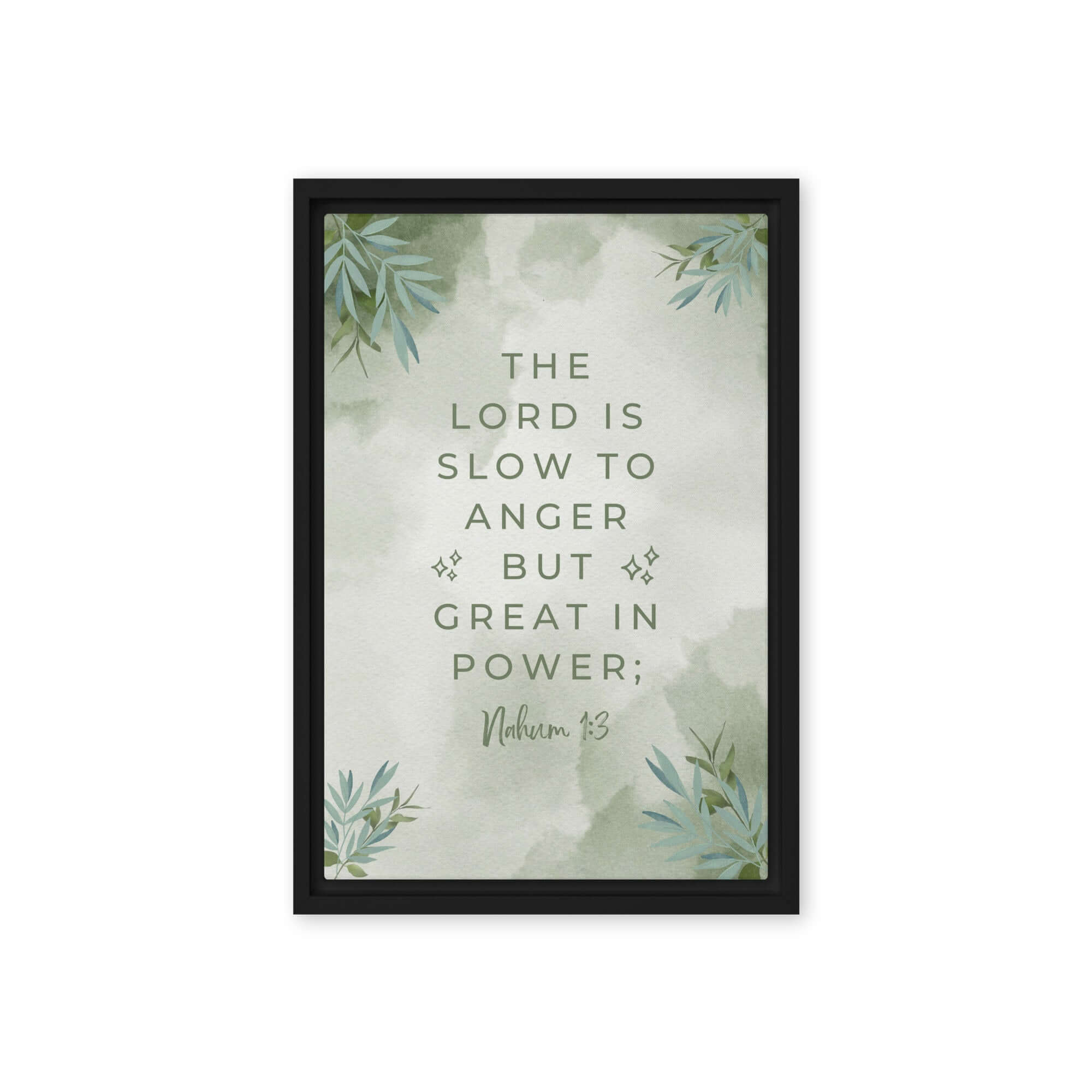 Nahum 1:3 Bible Verse, The Lord is slow Framed Canvas Print Wall Art Black 12″×18″