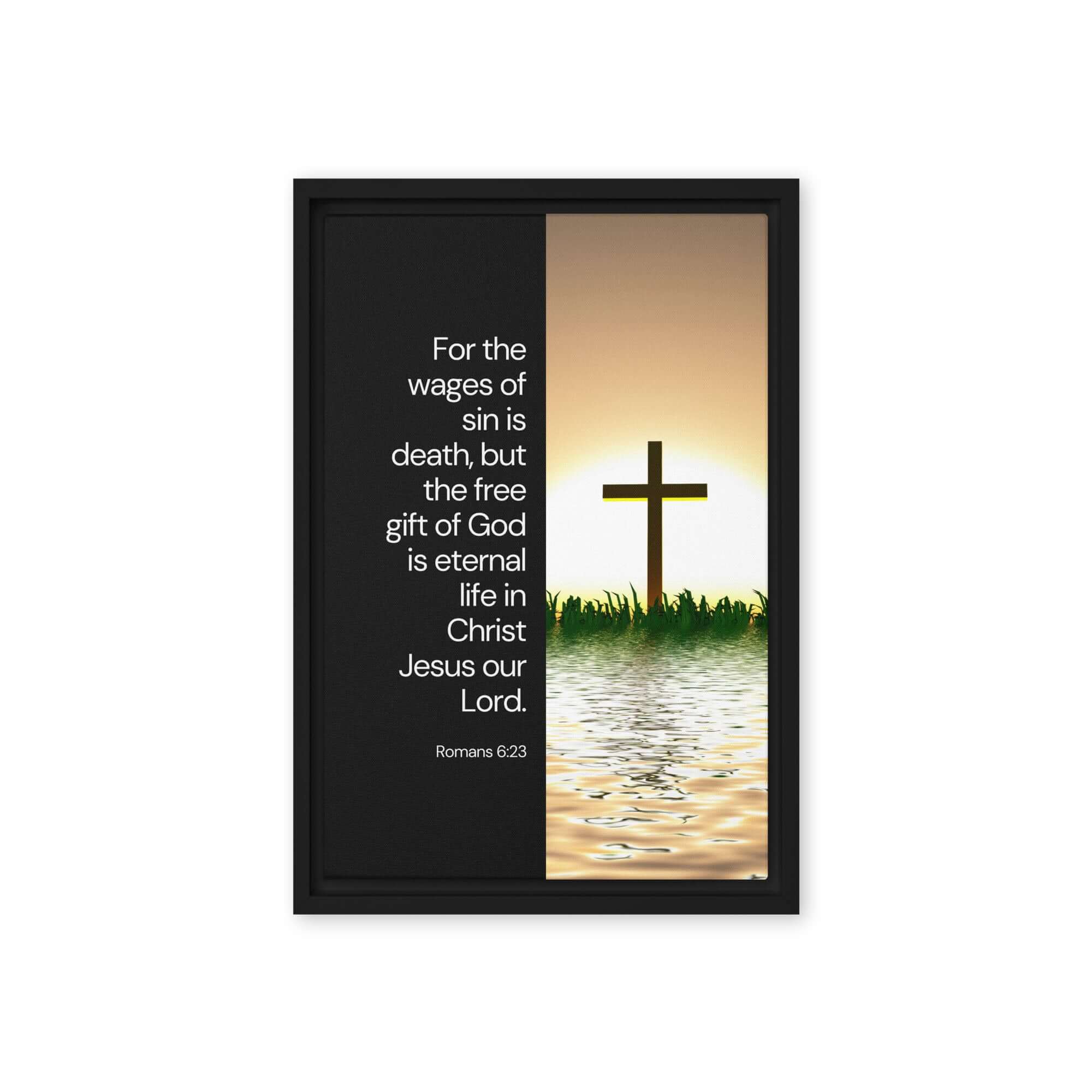 Romans 6:23 Bible Verse, the wages Framed Canvas Print Wall Art Black 12″×18″