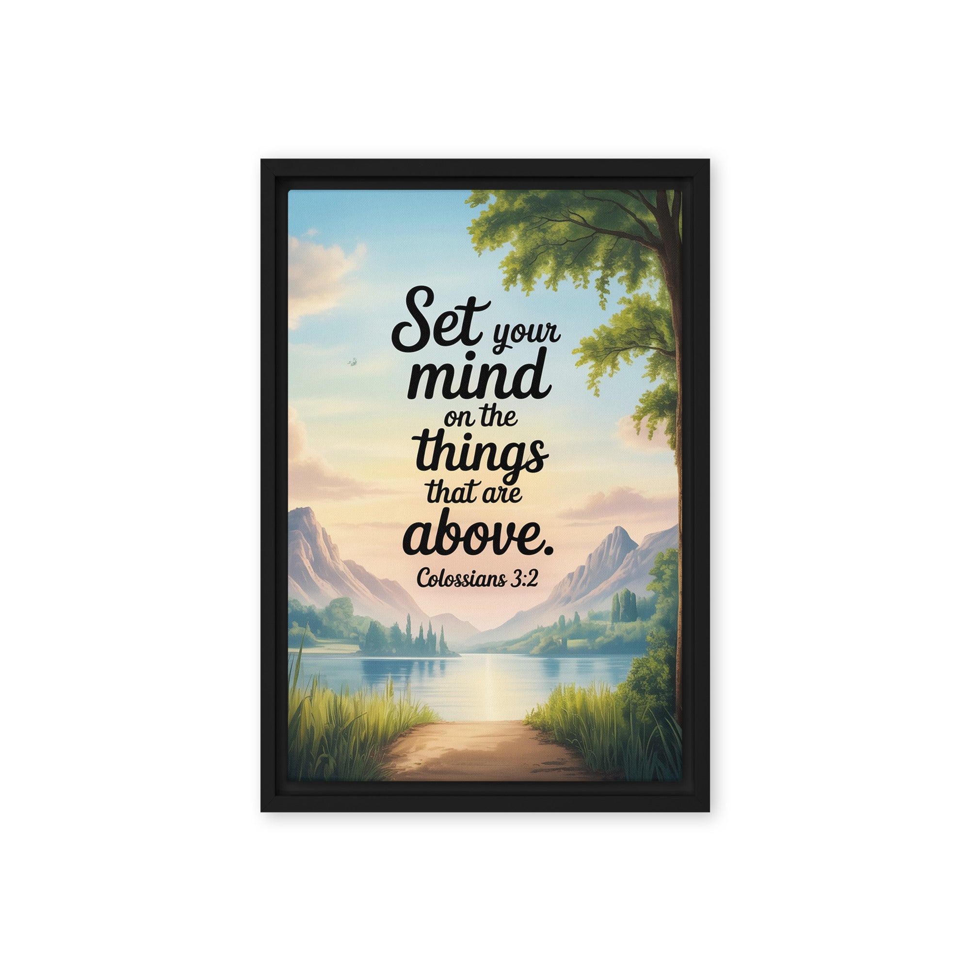 Colossians 3:2 Bible Verse Set Framed Canvas Black 12″×18″