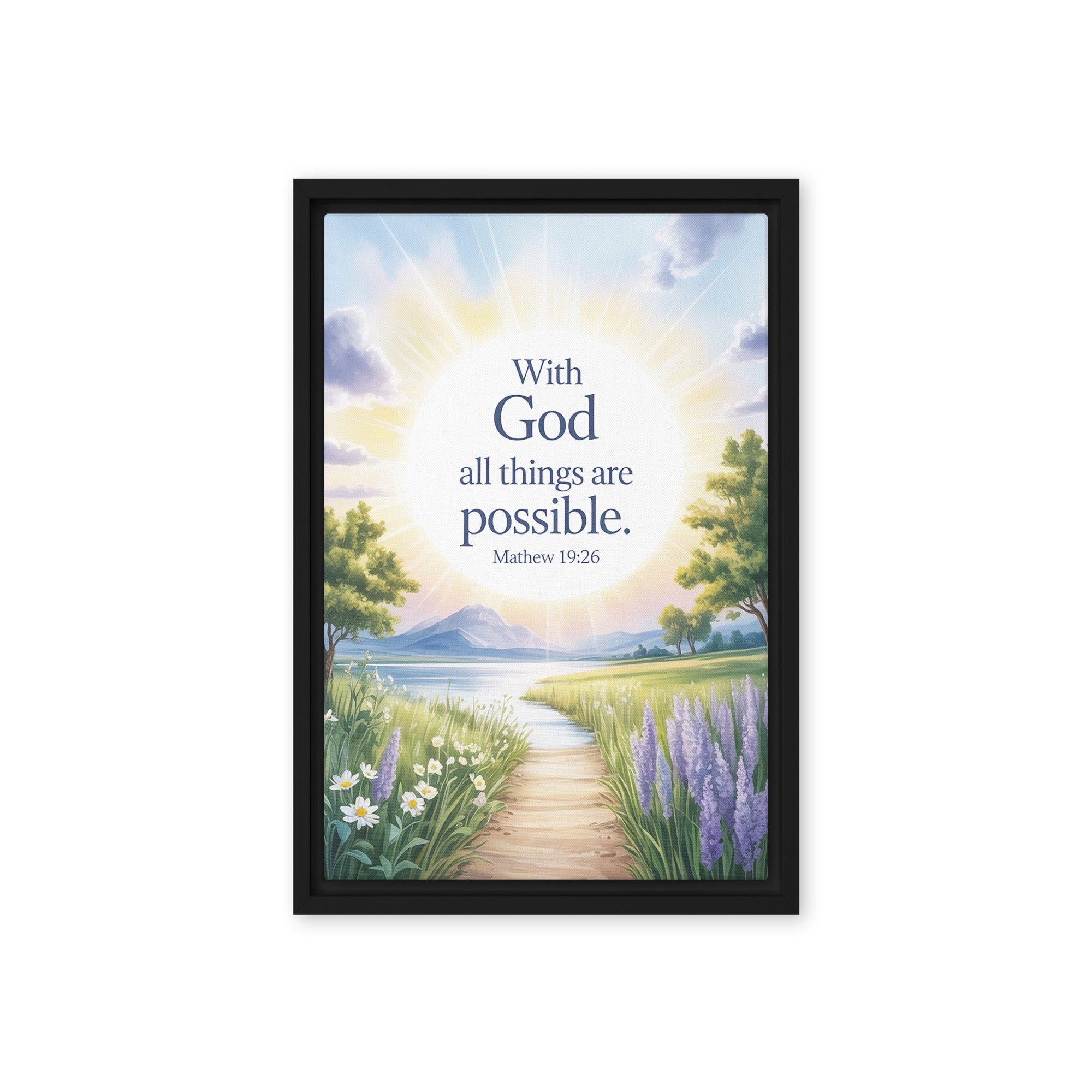 Matthew 19:26 Bible Verse Looking at Framed Canvas Black 12″×18″