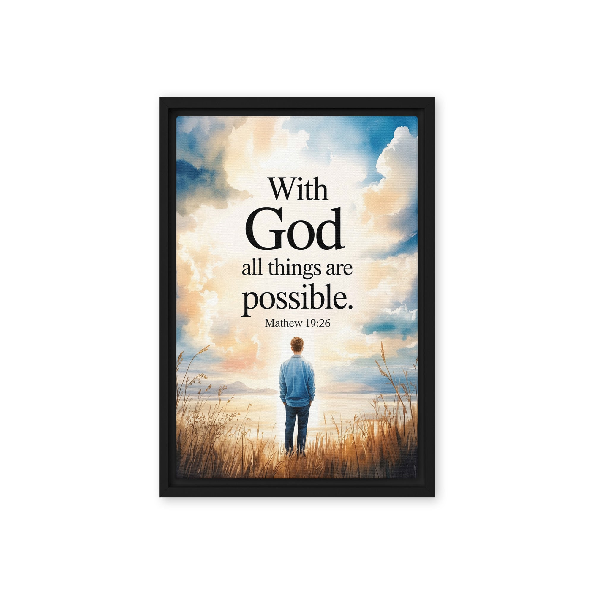 Matthew 19:26 Bible Verse Jesus Framed Canvas Black 12″×18″