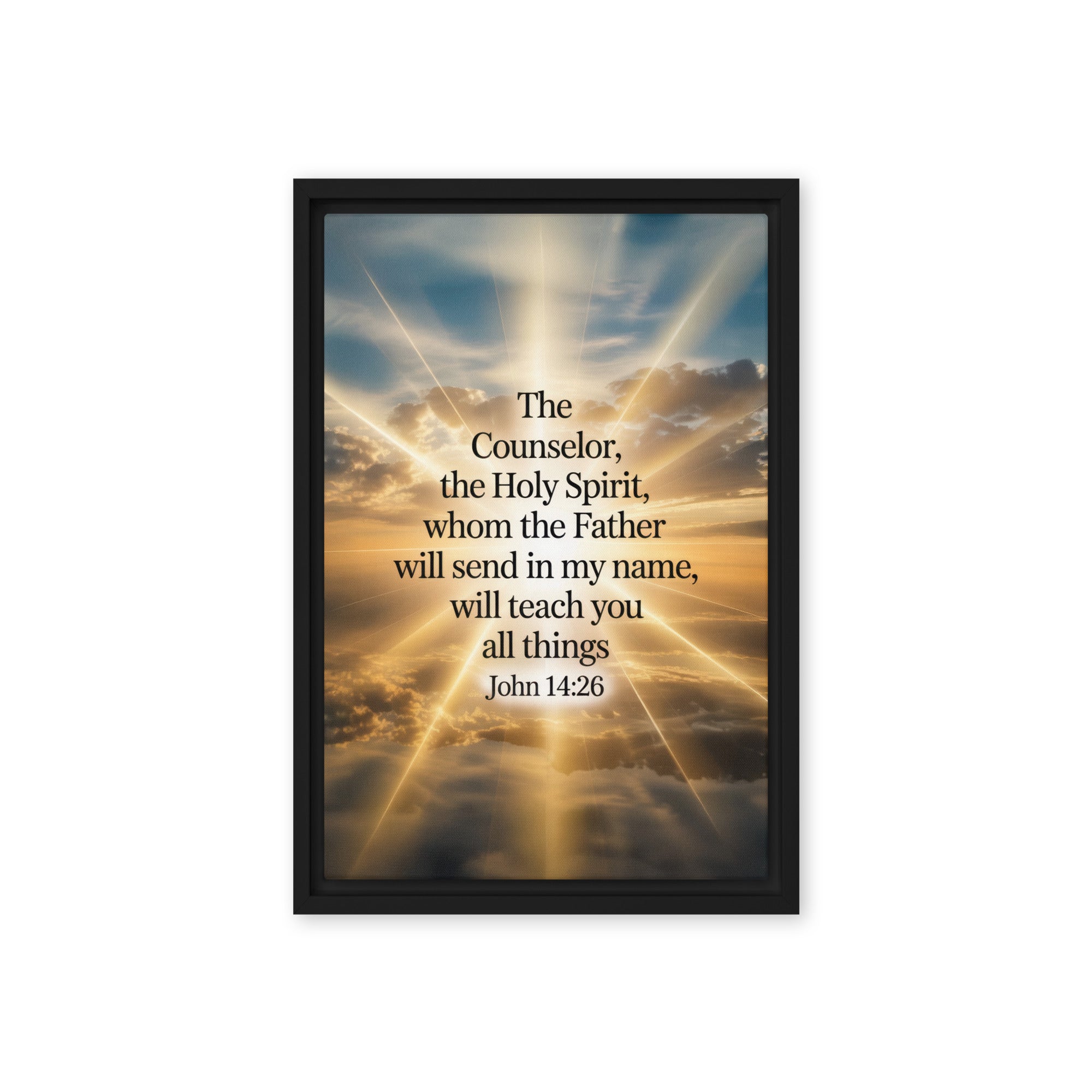 John 14:26 Bible Verse will send Framed Canvas Black 12″×18″
