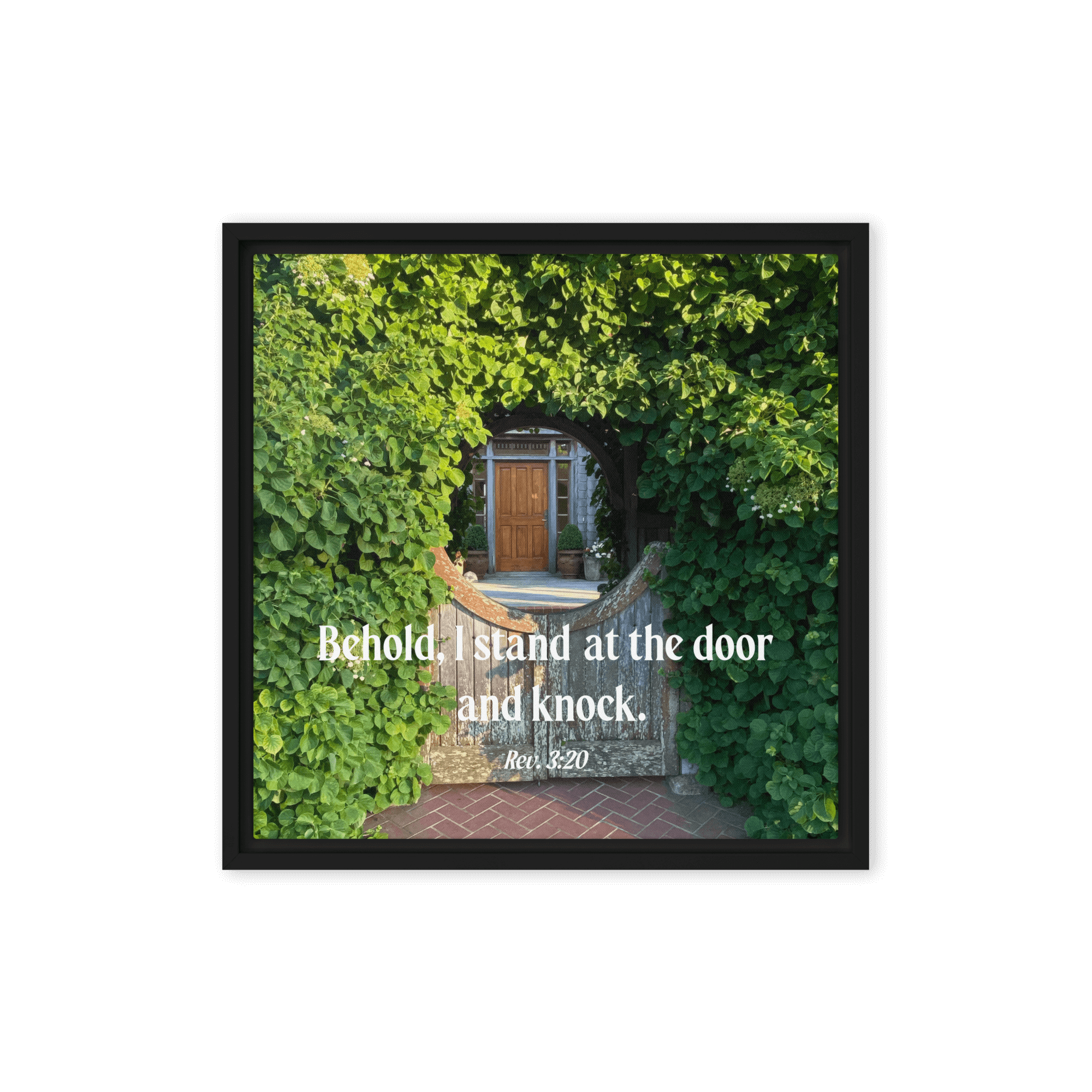 Revelation 3:20 Bible Verse, Garden Doorway Framed Canvas Print Wall Art Black 16″×16″