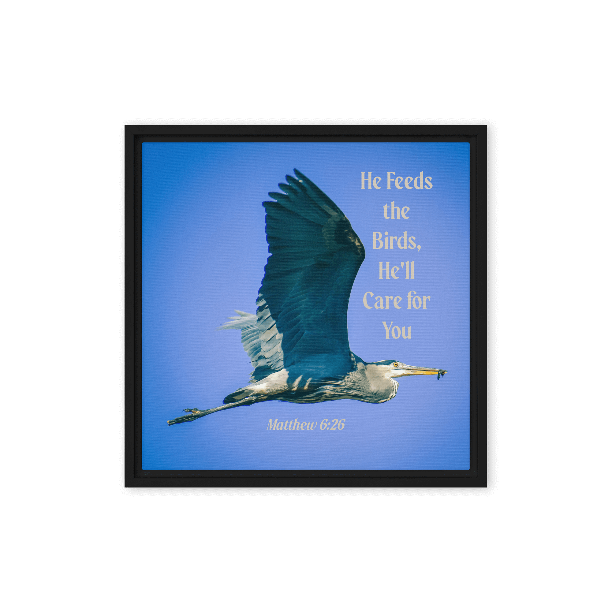 Matthew 6:26 Graceful Heron, He'll Care for You Framed Canvas Print Wall Art Black 16″×16″