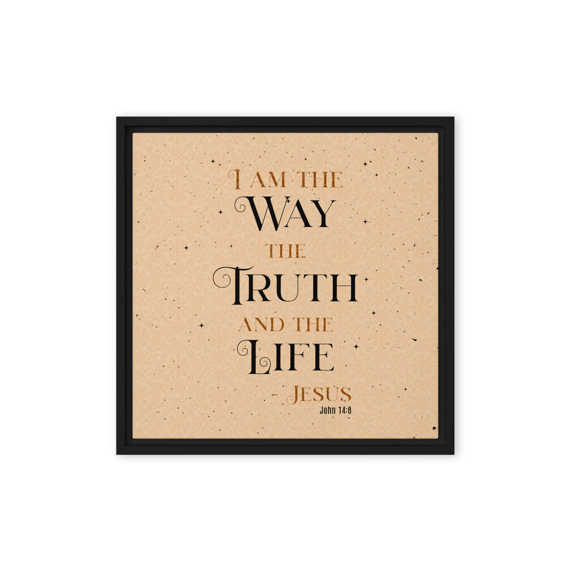 John 14:6 Bible Verse, Color Text Brown Background Framed Canvas Print Wall Art Black 16″×16″
