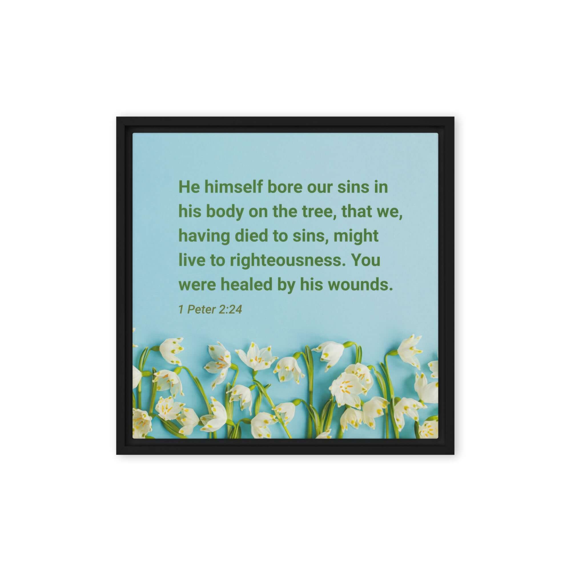 1 Peter 2:24 Bible Verse, healed by His wounds Framed Canvas Print Wall Art Black 16″×16″