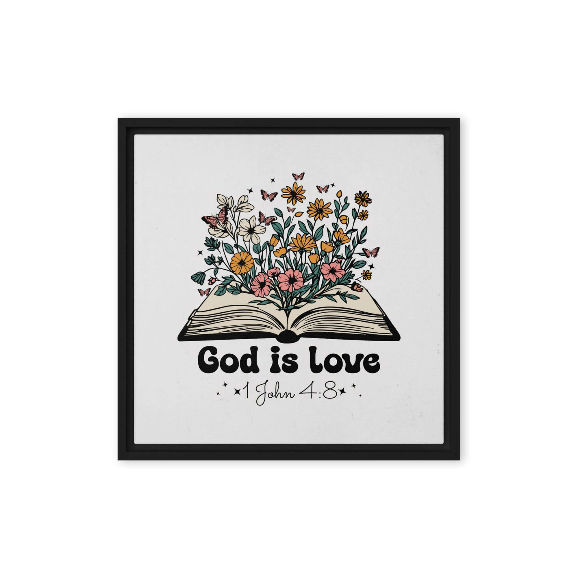 1 John 4:8 Bible Verse, God is Love Framed Canvas Print Wall Art Black 16″×16″