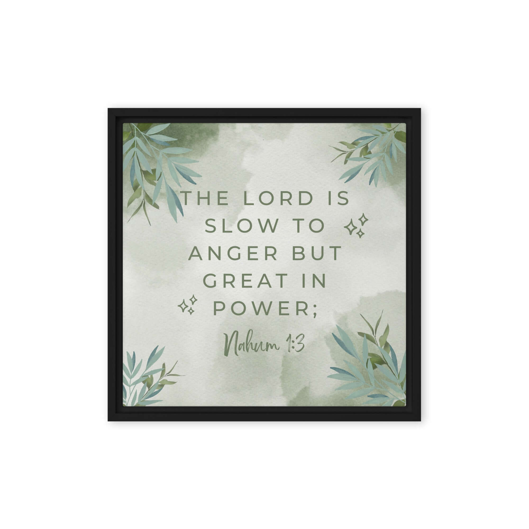 Nahum 1:3 Bible Verse, The Lord is slow Framed Canvas Print Wall Art Black 16″×16″