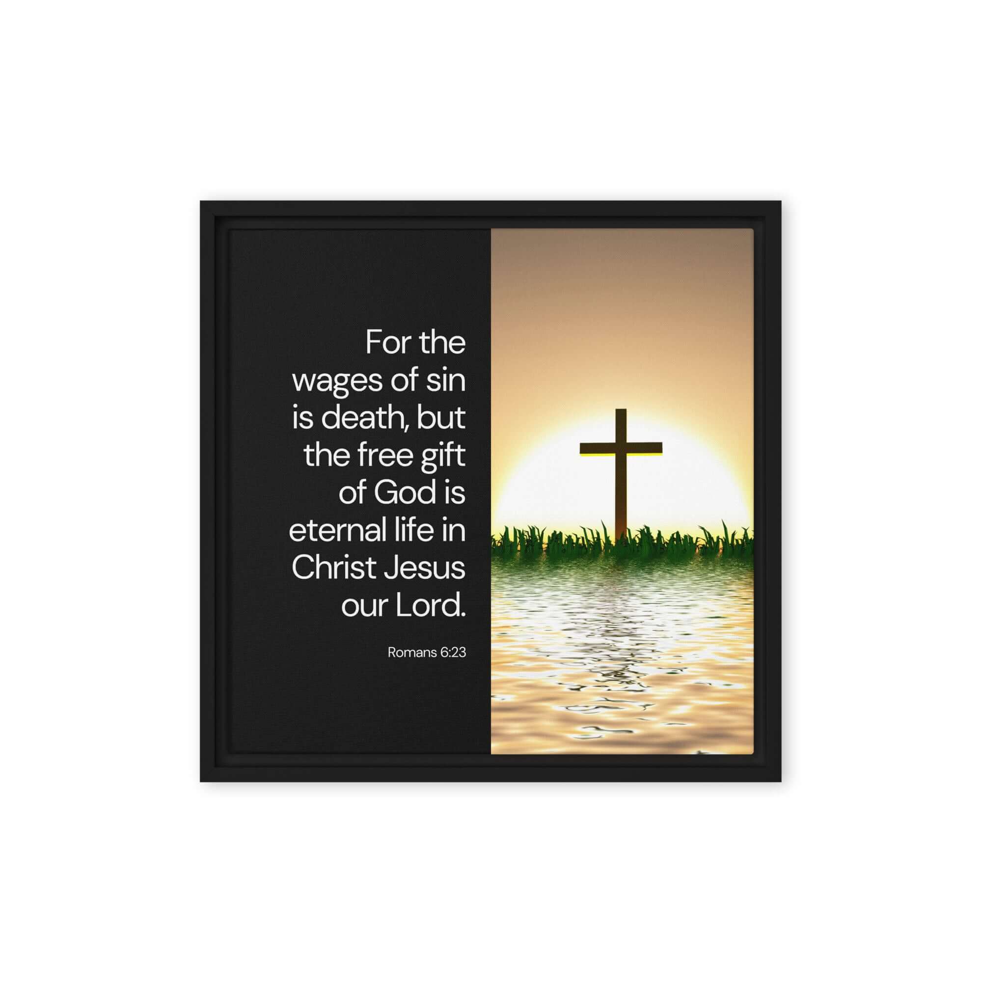 Romans 6:23 Bible Verse, the wages Framed Canvas Print Wall Art Black 16″×16″