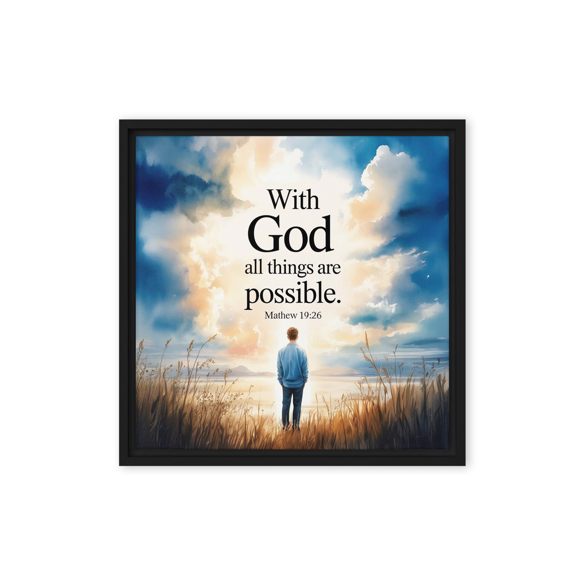 Matthew 19:26 Bible Verse Jesus Framed Canvas Black 16″×16″