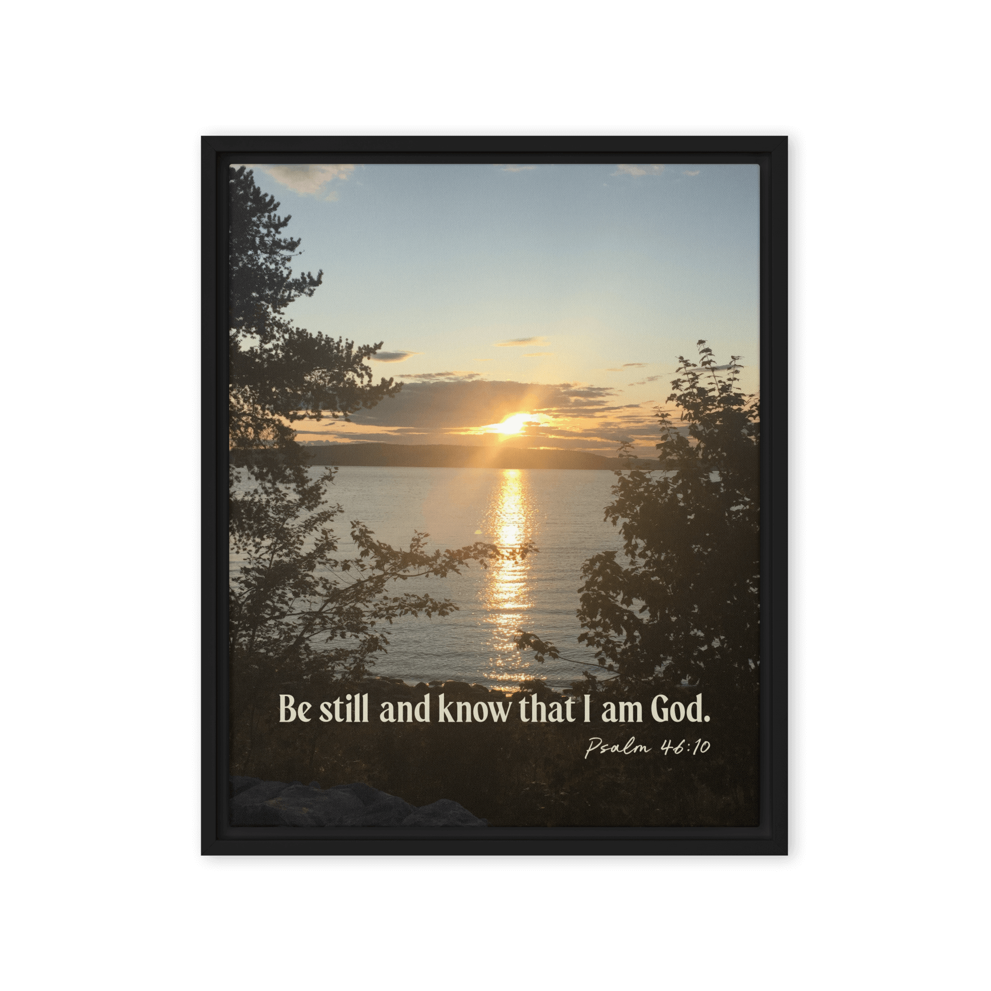 Psalm 46:10 Bible Verse, Sunset Glory Framed Canvas Print Wall Art Black 16″×20″