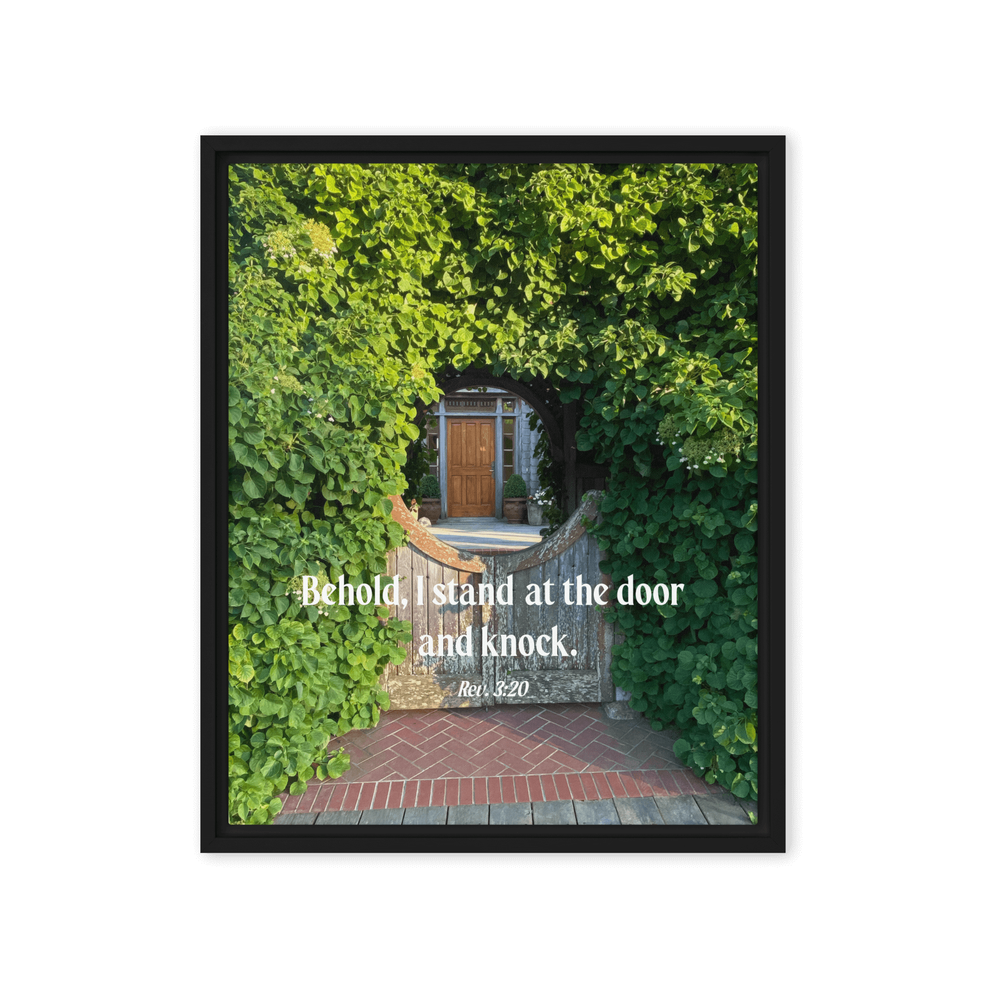 Revelation 3:20 Bible Verse, Garden Doorway Framed Canvas Print Wall Art Black 16″×20″