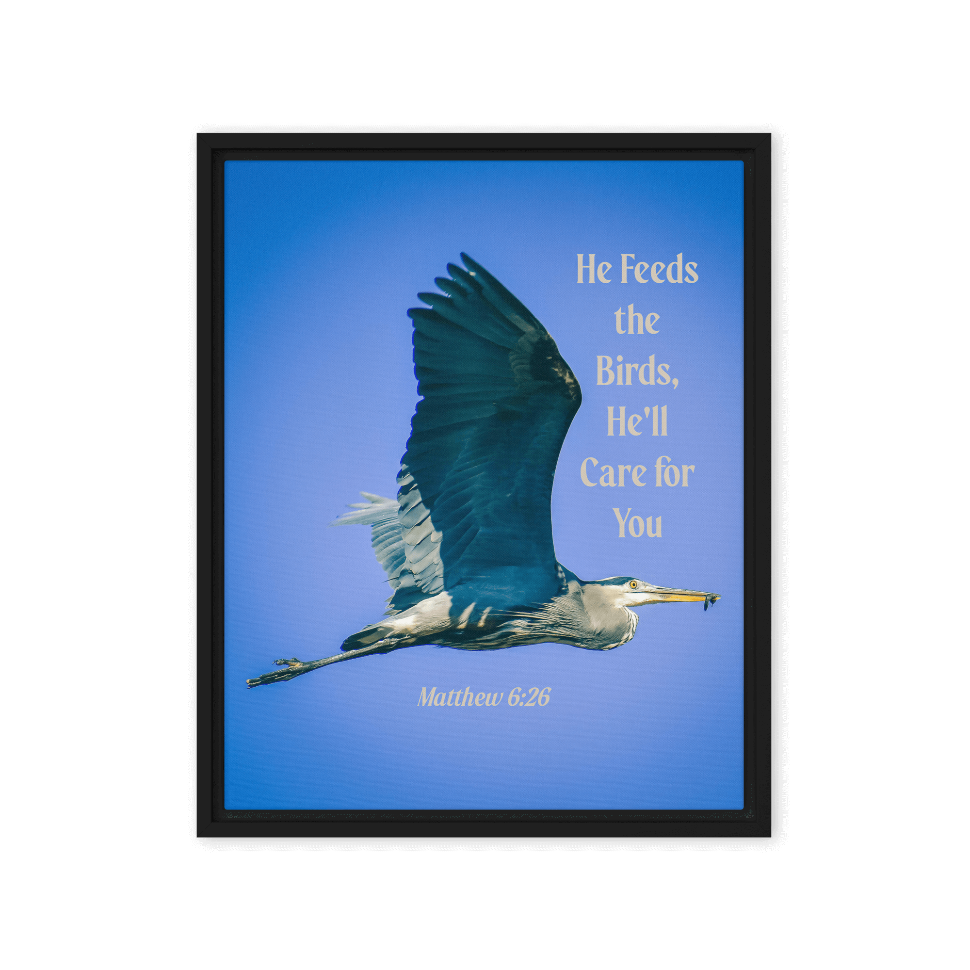 Matthew 6:26 Graceful Heron, He'll Care for You Framed Canvas Print Wall Art Black 16″×20″