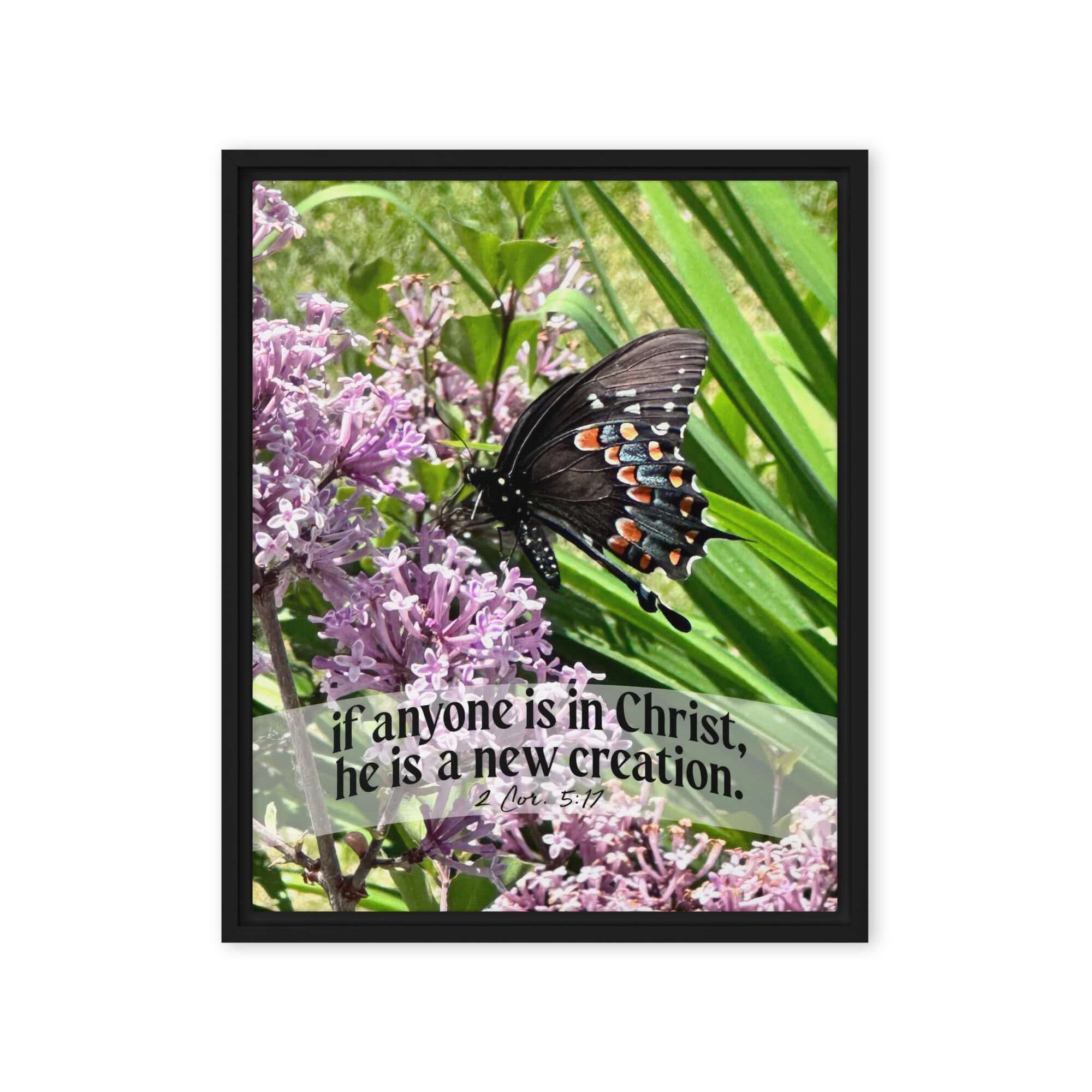 2 Corinthians 5:17 Bible Verse, Butterfly Framed Canvas Print Wall Art Black 16″×20″