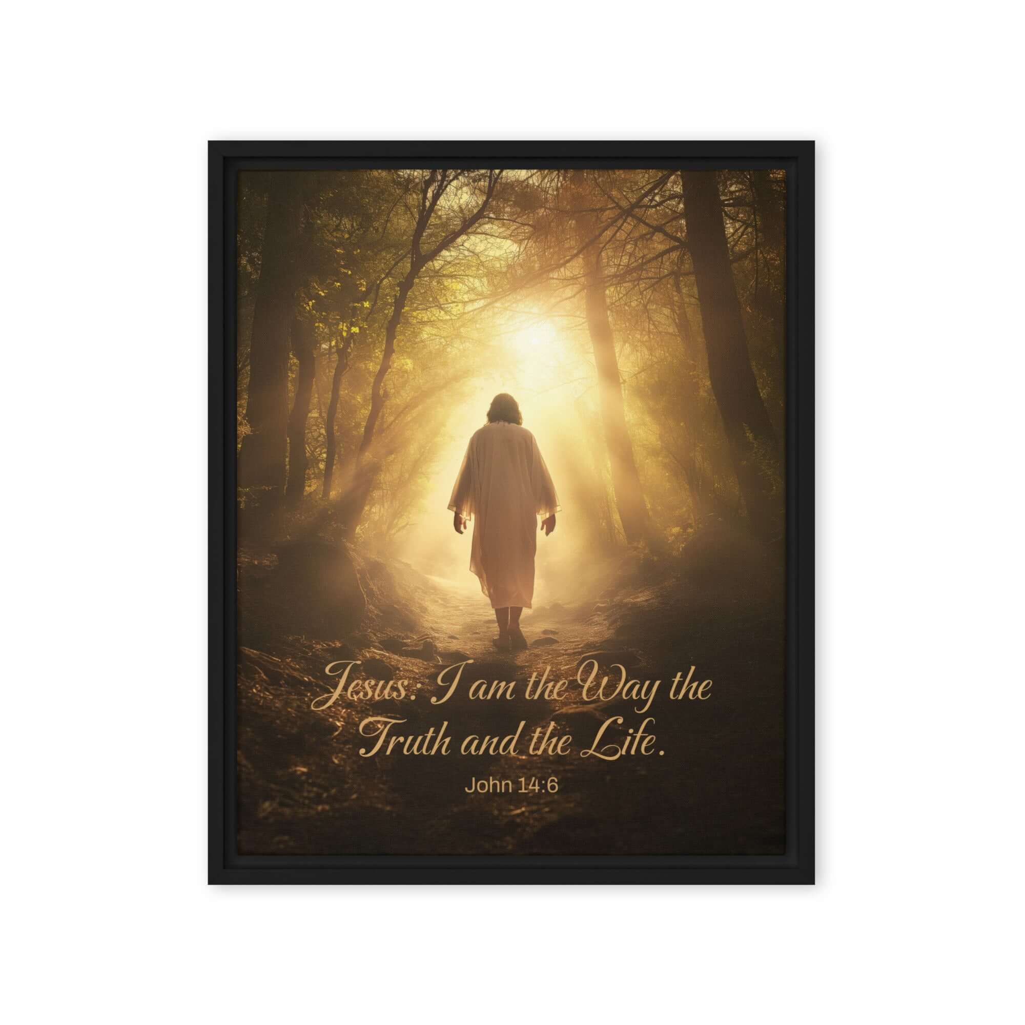 John 14:6 Bible Verse, Forest Image Framed Canvas Print Wall Art Black 16″×20″
