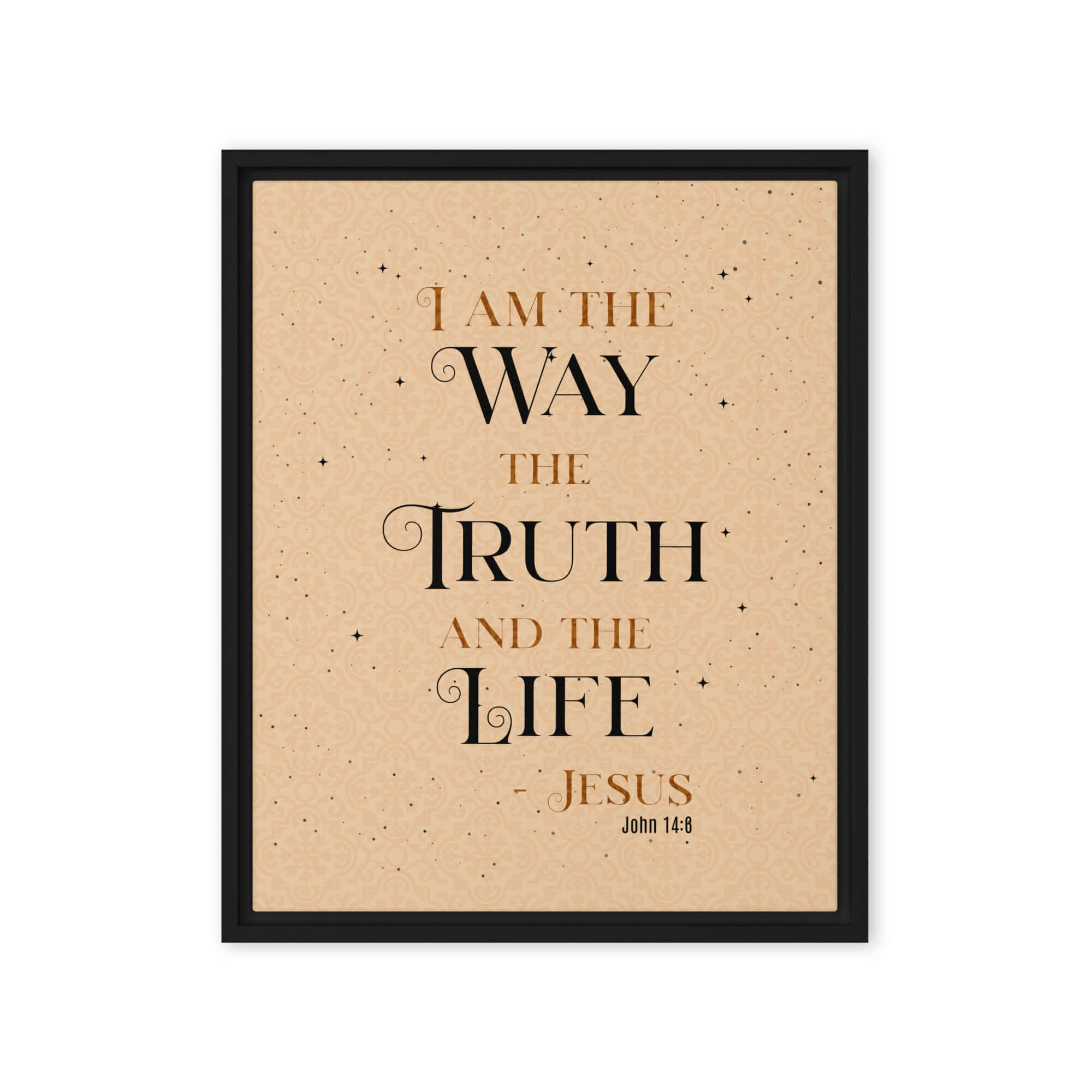 John 14:6 Bible Verse, Color Text Brown Background Framed Canvas Print Wall Art Black 16″×20″