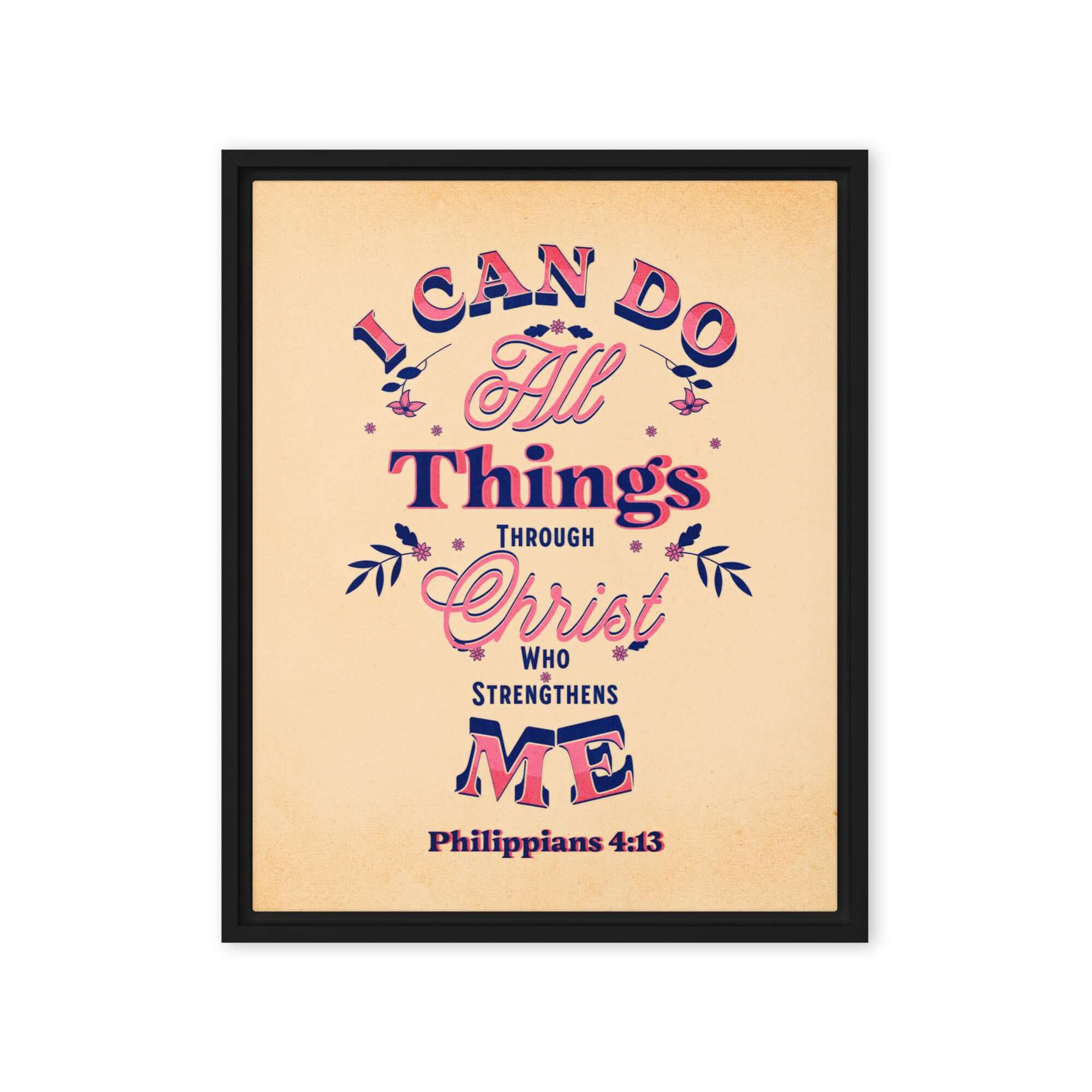 Philippians 4:13 Bible Verse, Christ Strengthens Me Framed Canvas Print Wall Art Black 16″×20″