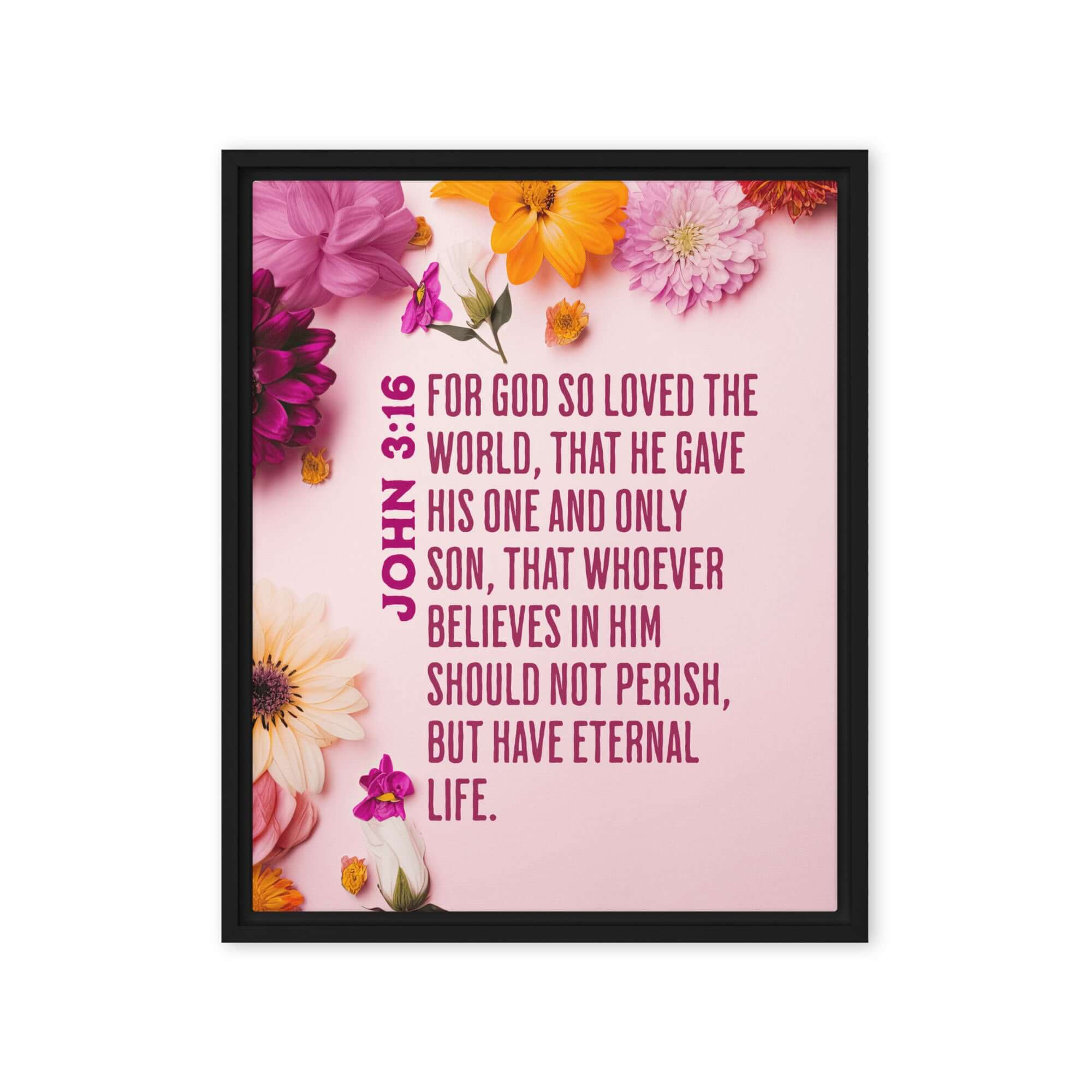 John 3:16 Bible Verse, For God So Loved Framed Canvas Print Wall Art Black 16″×20″