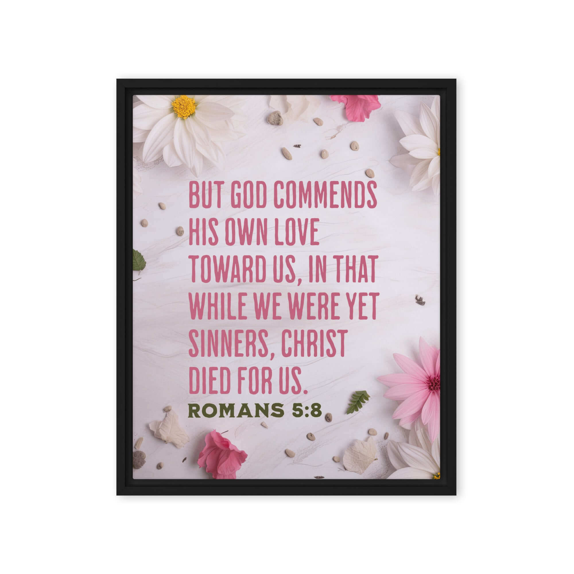 Romans 5:8 Bible Verse, Christ Died for Us Framed Canvas Print Wall Art Black 16″×20″
