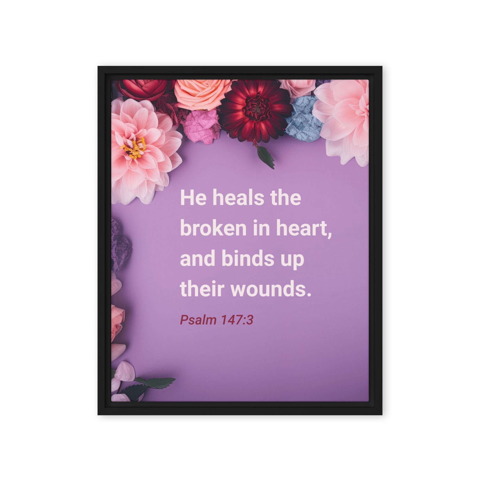 Psalm 147:3 Bible Verse, He heals the broken Framed Canvas Print Wall Art Black 16″×20″