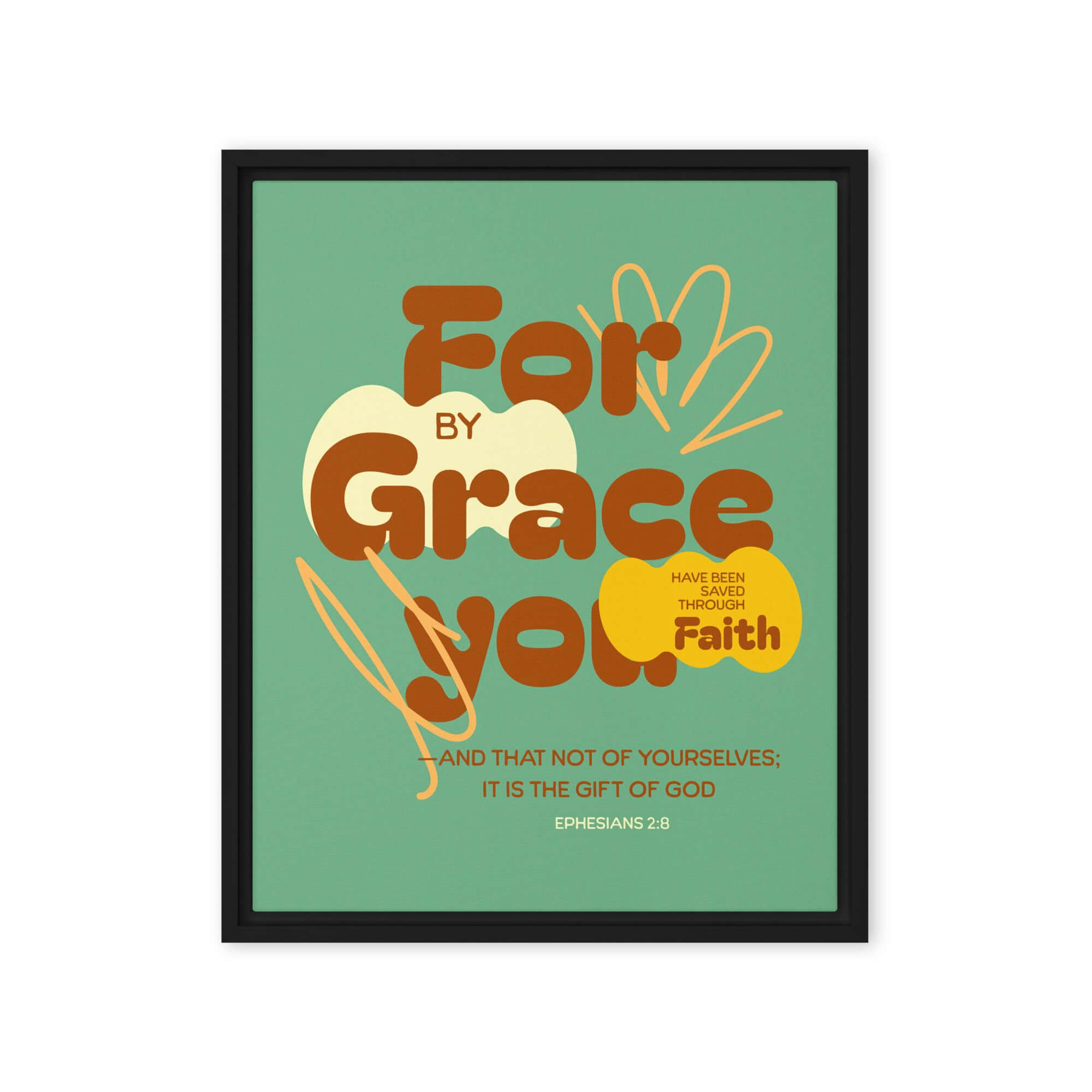 Ephesians 2:8 Bible Verse, for by grace Framed Canvas Print Wall Art Black 16″×20″