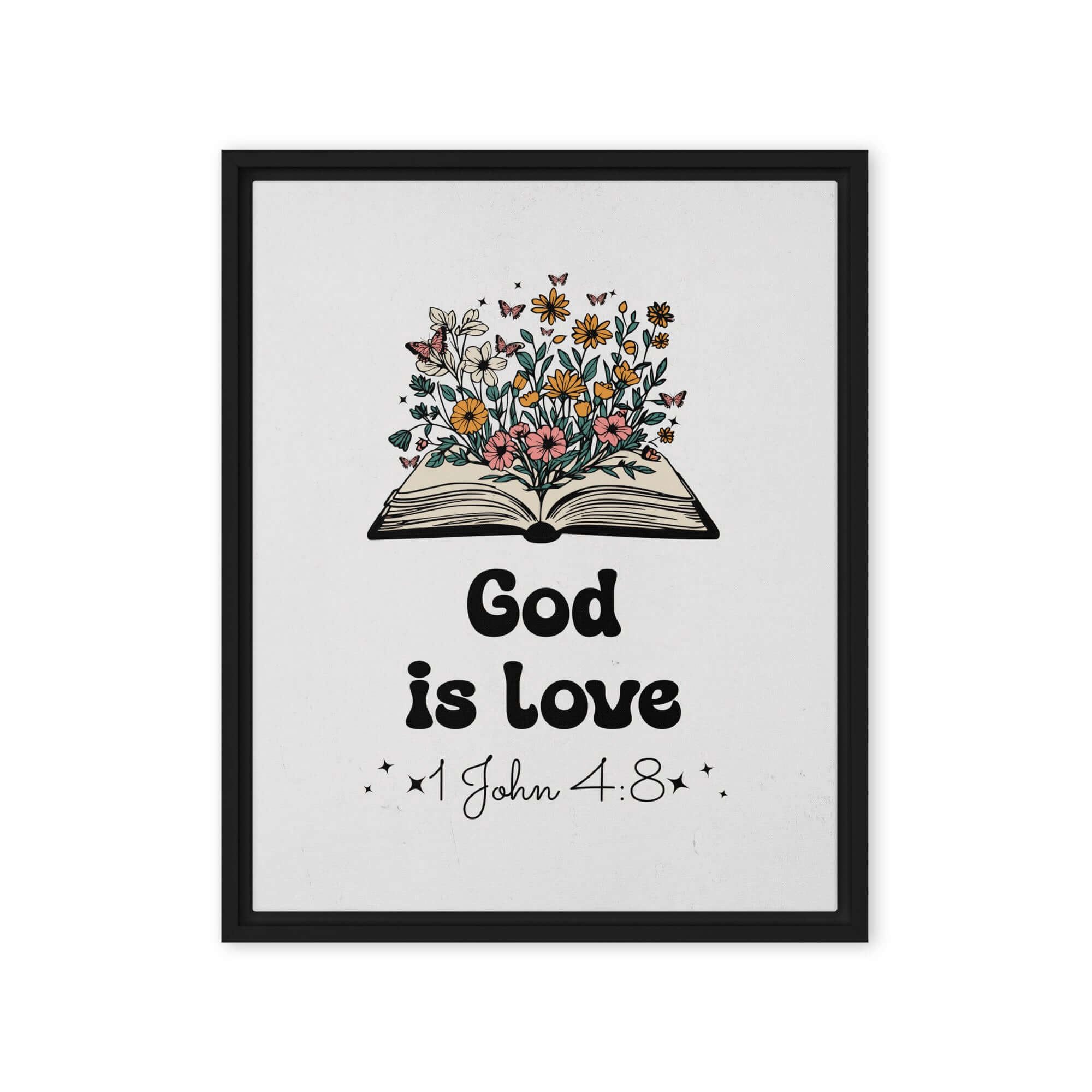 1 John 4:8 Bible Verse, God is Love Framed Canvas Print Wall Art Black 16″×20″