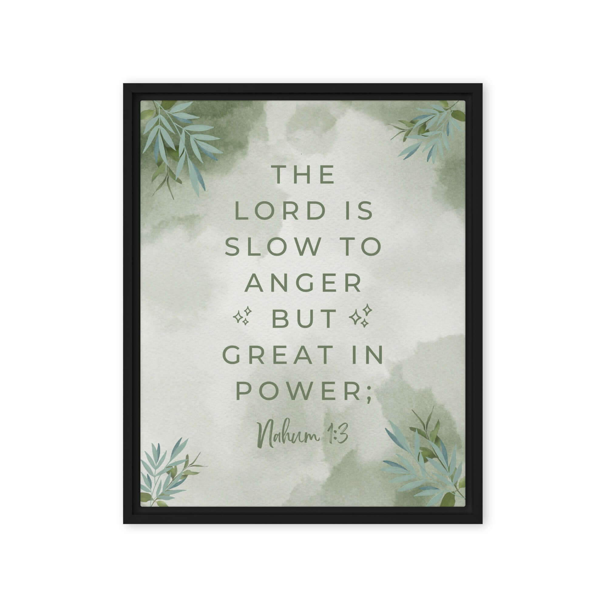 Nahum 1:3 Bible Verse, The Lord is slow Framed Canvas Print Wall Art Black 16″×20″