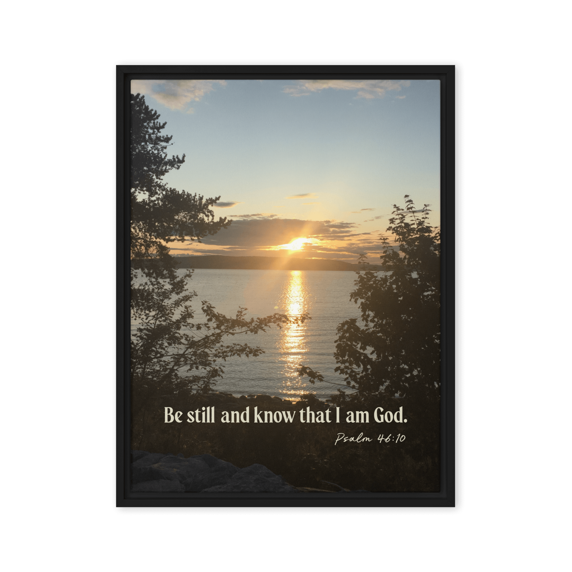Psalm 46:10 Bible Verse, Sunset Glory Framed Canvas Print Wall Art Black 18″×24″