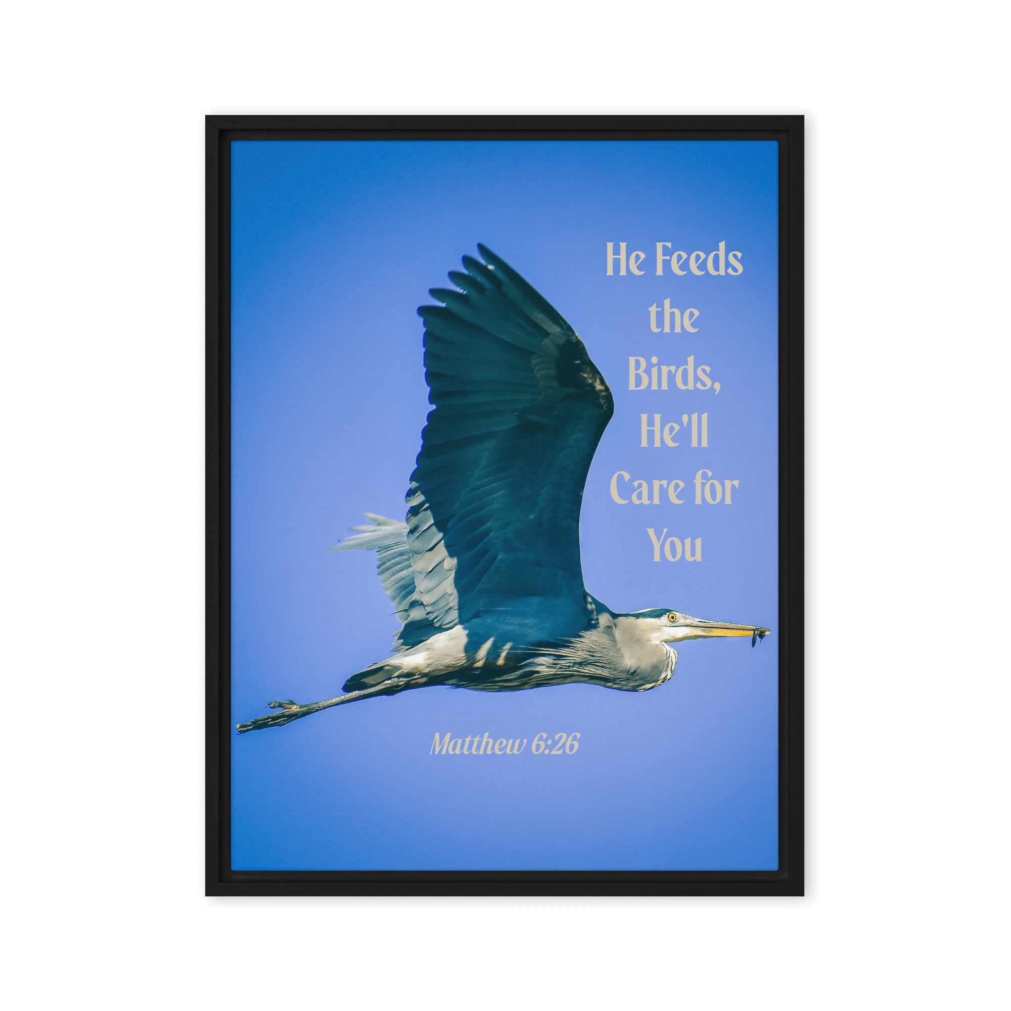 Matthew 6:26 Graceful Heron, He'll Care for You Framed Canvas Print Wall Art Black 18″×24″