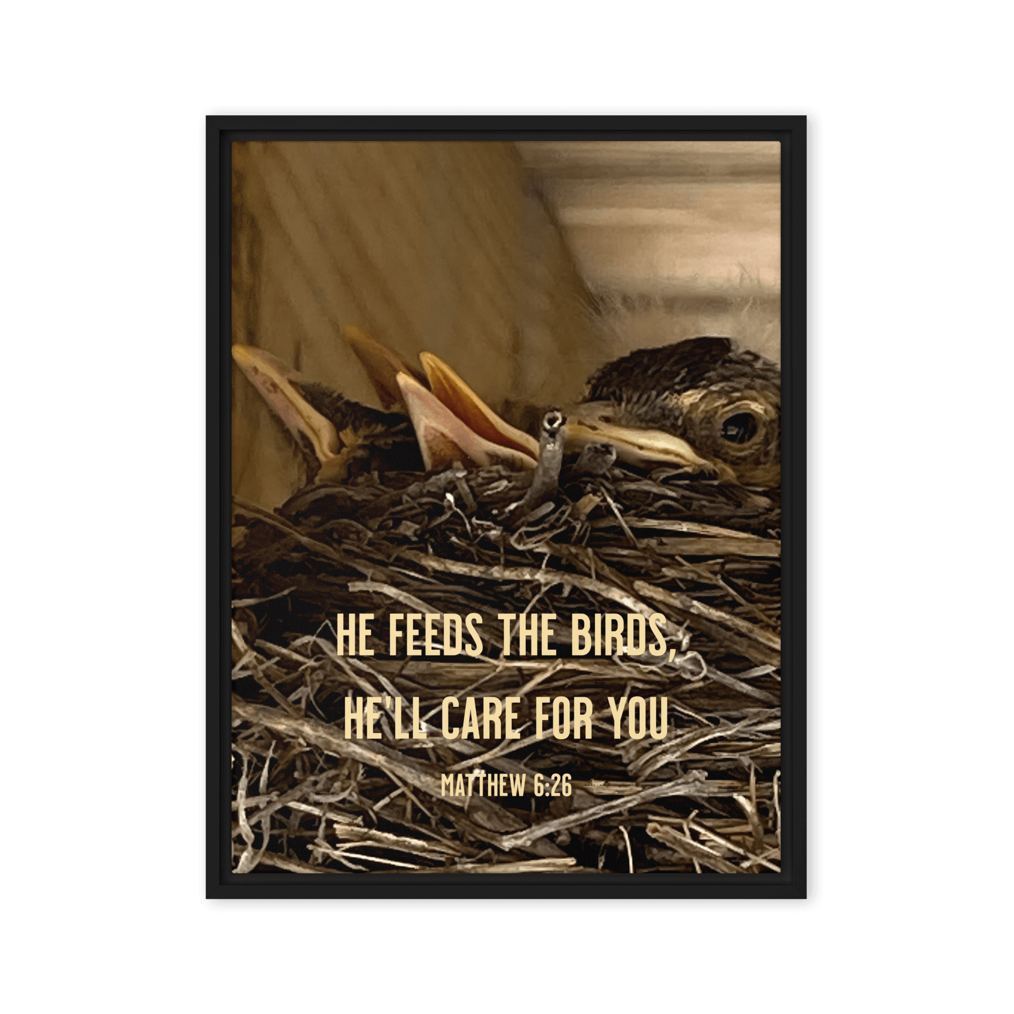 Matthew 6:26 Baby Robins, He'll Care for You Framed Canvas Print Wall Art Black 18″×24″