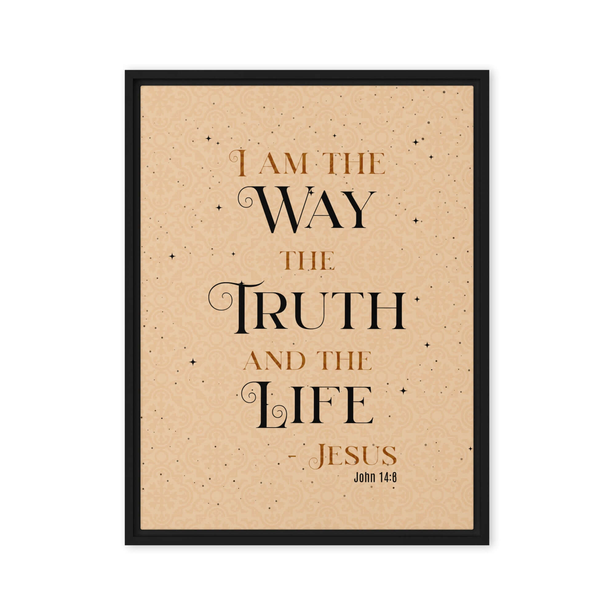 John 14:6 Bible Verse, Color Text Brown Background Framed Canvas Print Wall Art Black 18″×24″