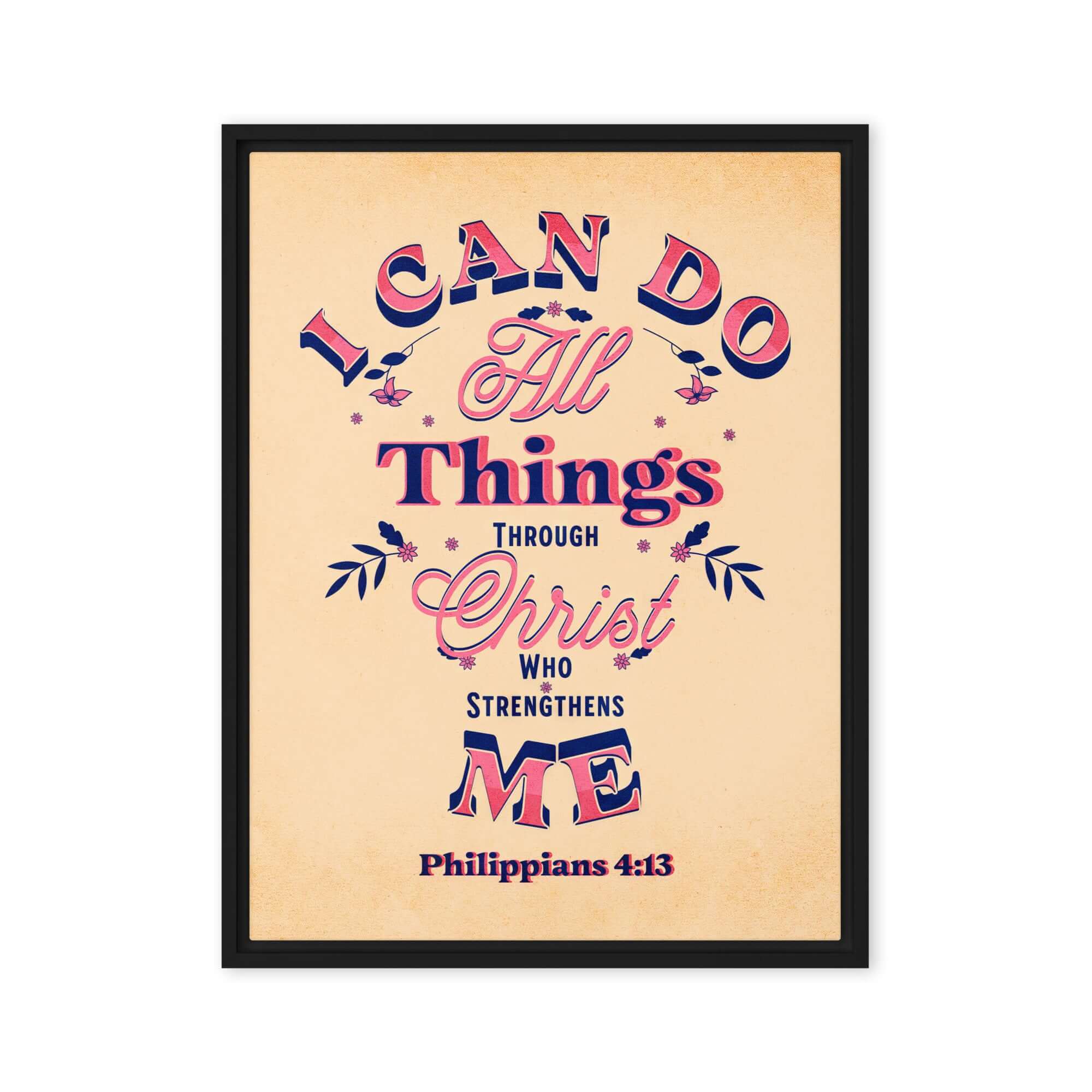Philippians 4:13 Bible Verse, Christ Strengthens Me Framed Canvas Print Wall Art Black 18″×24″