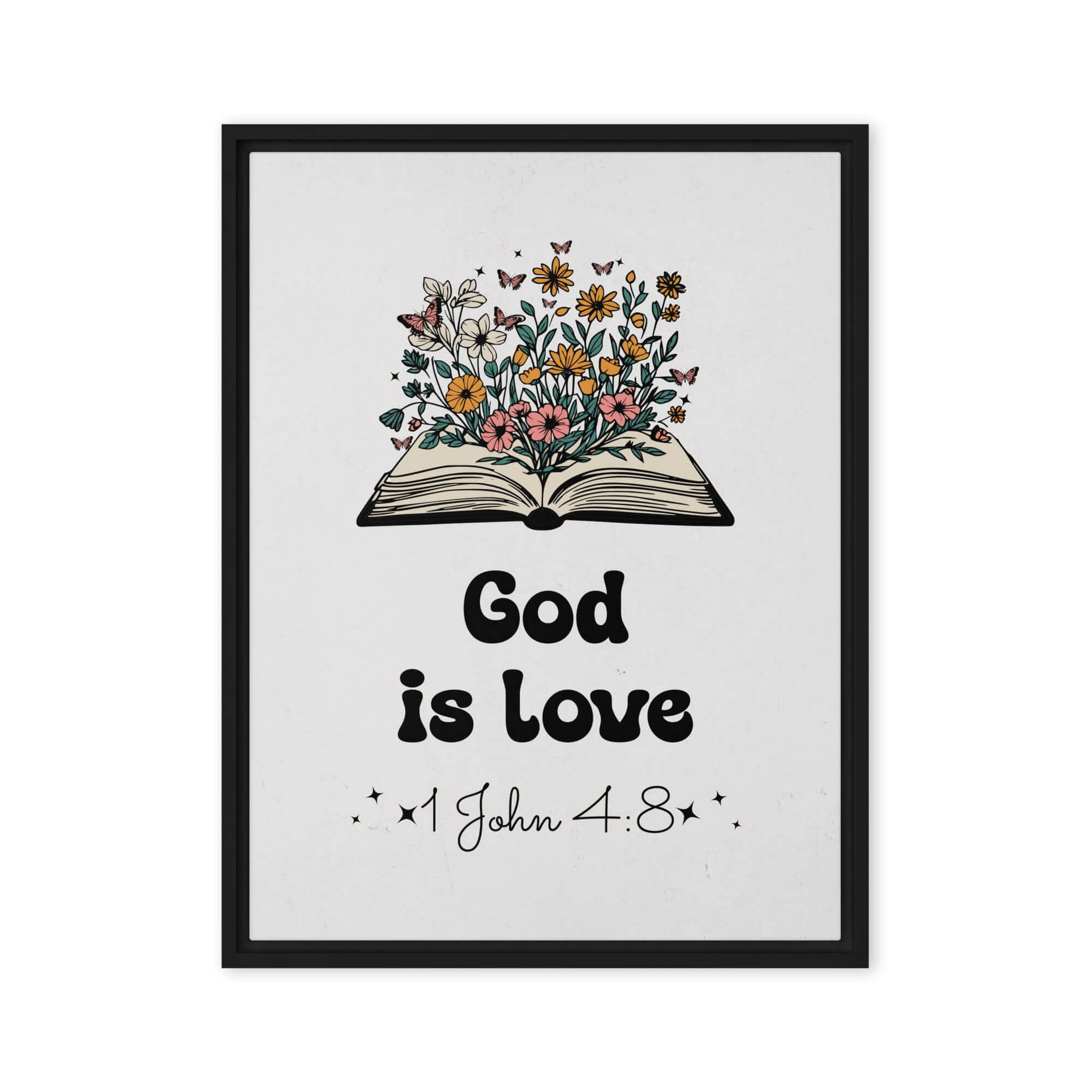 1 John 4:8 Bible Verse, God is Love Framed Canvas Print Wall Art Black 18″×24″