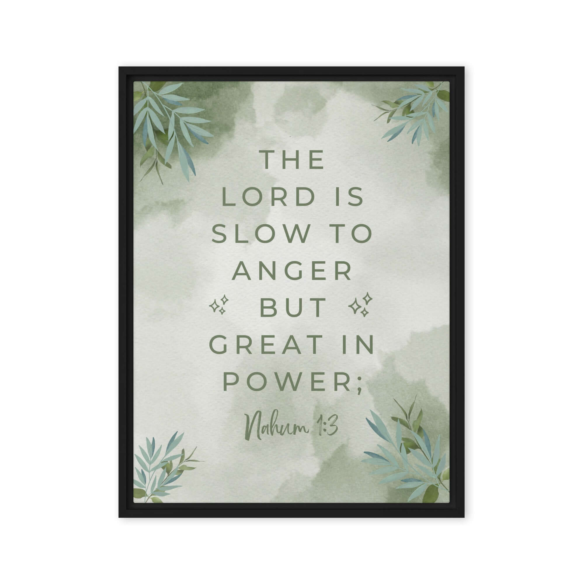 Nahum 1:3 Bible Verse, The Lord is slow Framed Canvas Print Wall Art Black 18″×24″