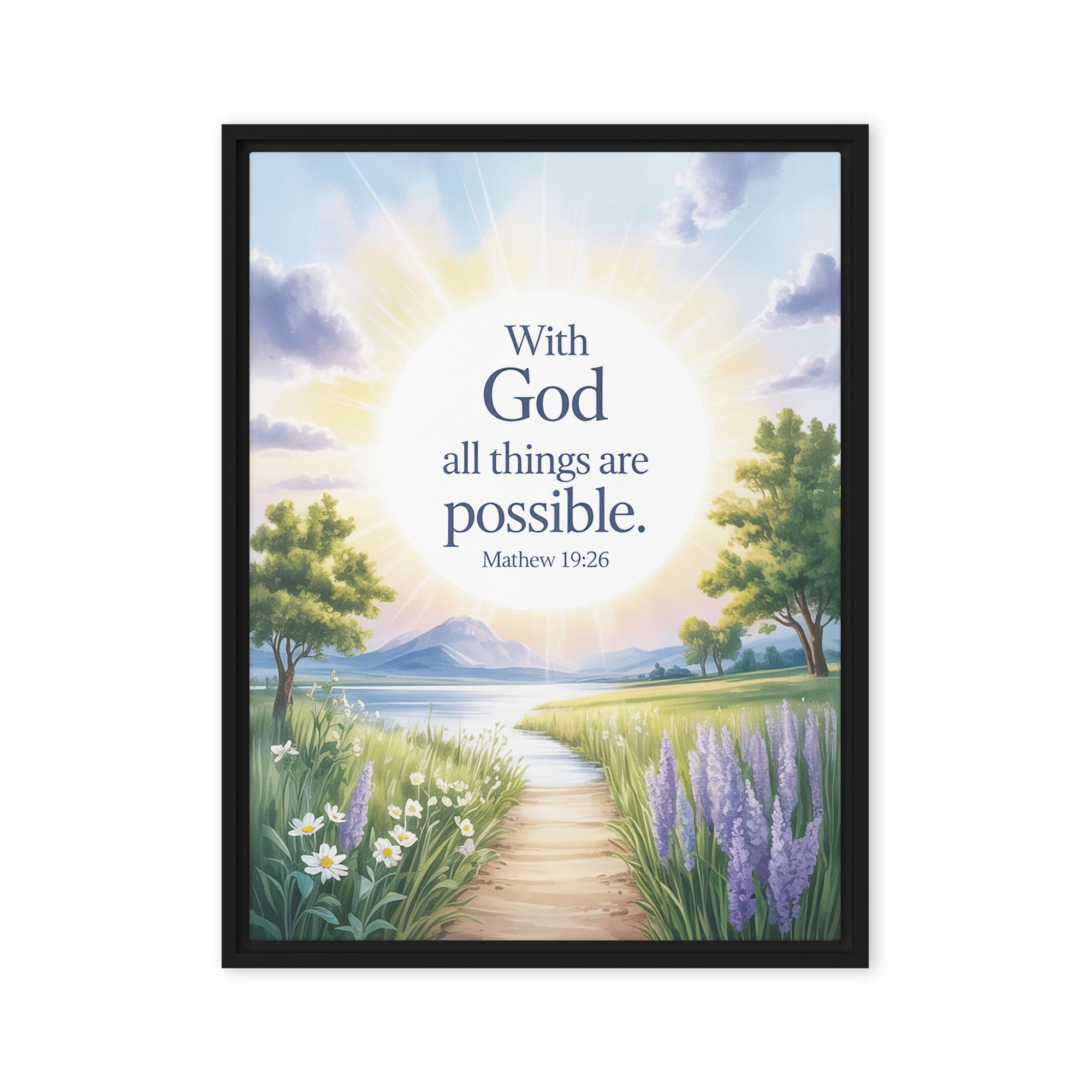 Matthew 19:26 Bible Verse Looking at Framed Canvas Black 18″×24″
