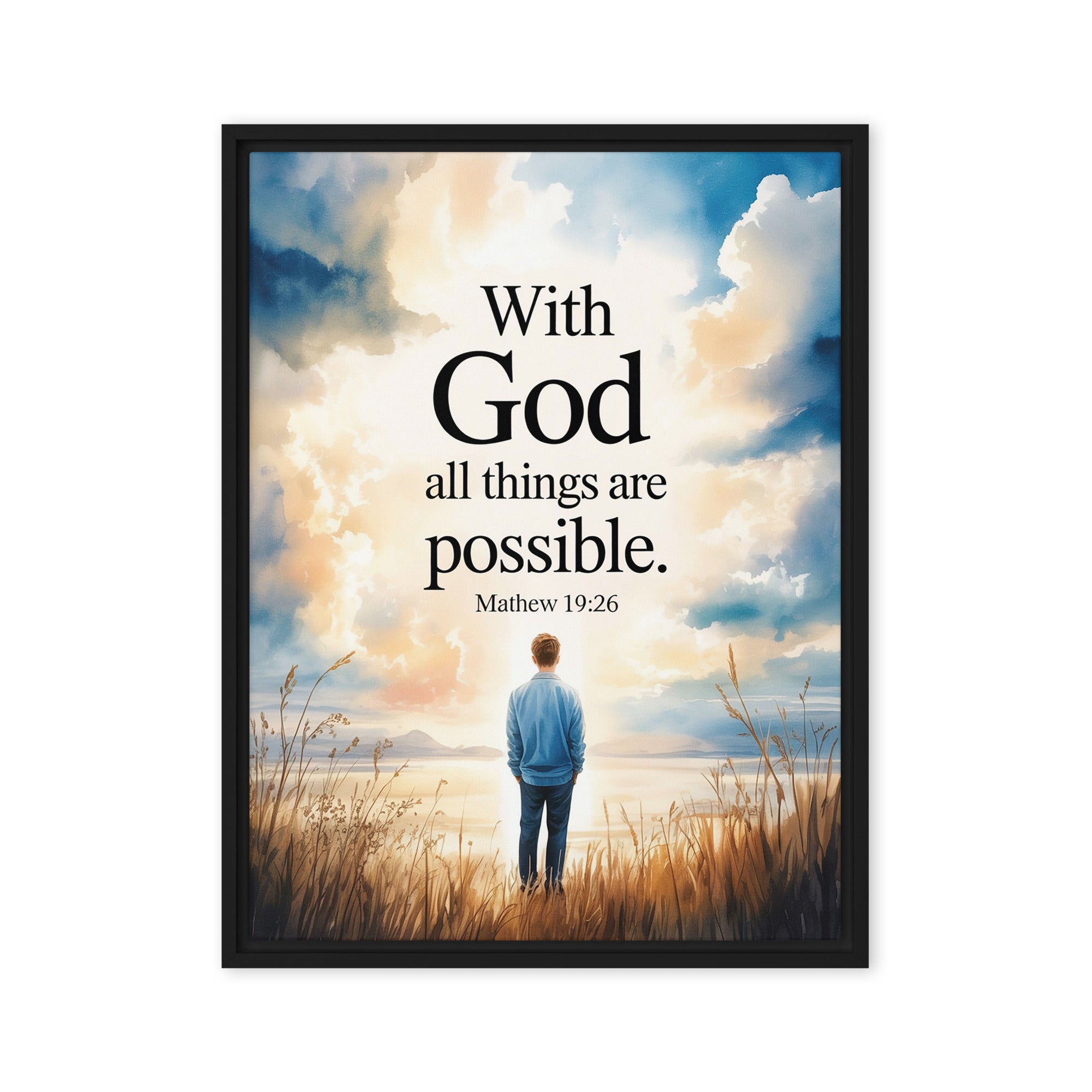 Matthew 19:26 Bible Verse Jesus Framed Canvas Black 18″×24″