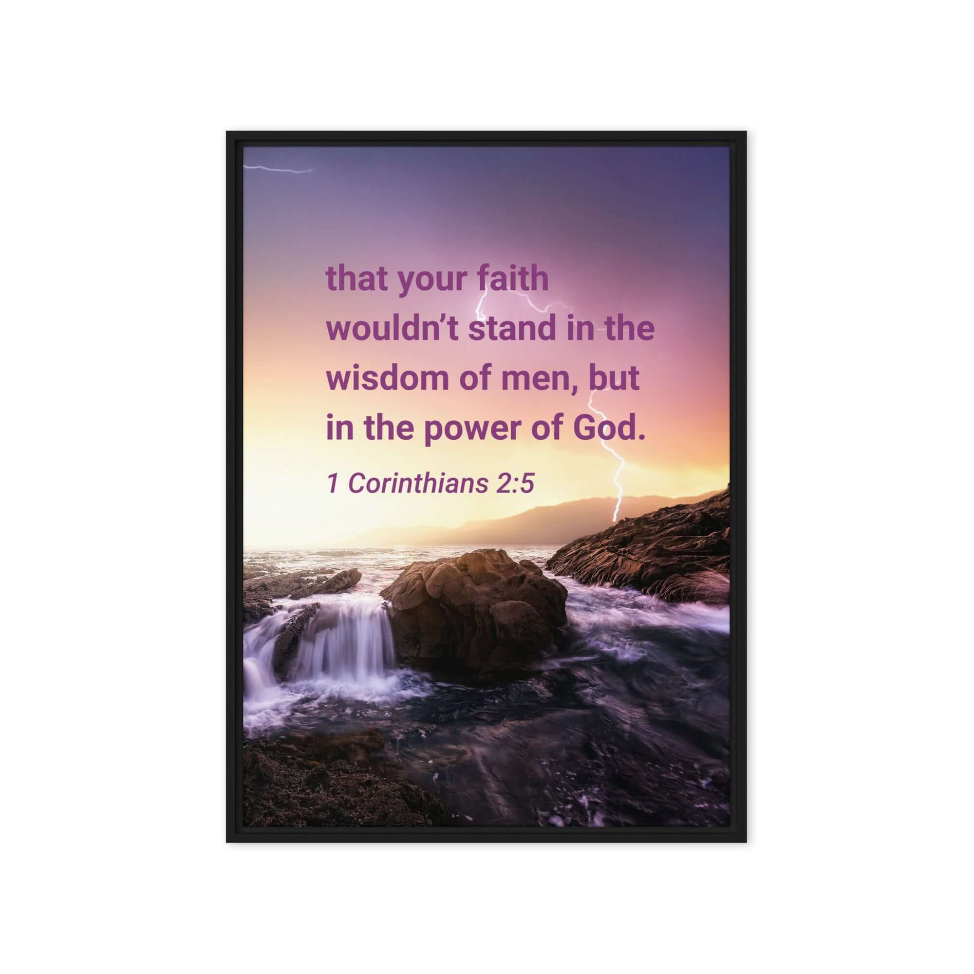 1 Corinthians 2:5 Bible Verse, power of God Framed Canvas Print Wall Art Black 20″×28″