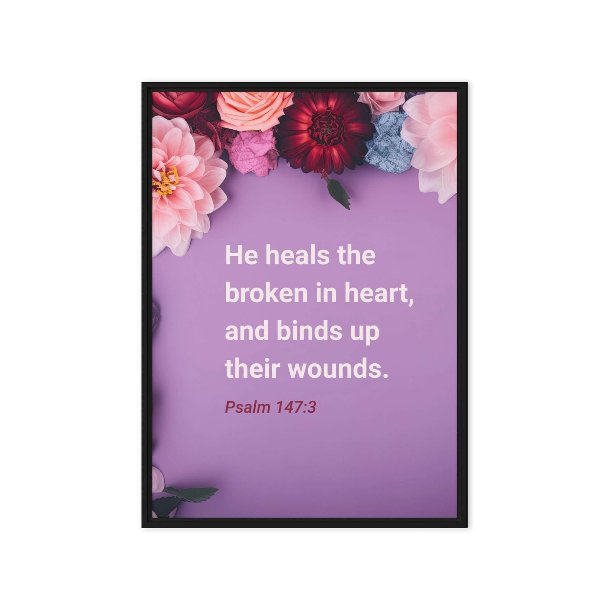 Psalm 147:3 Bible Verse, He heals the broken Framed Canvas Print Wall Art Black 20″×28″