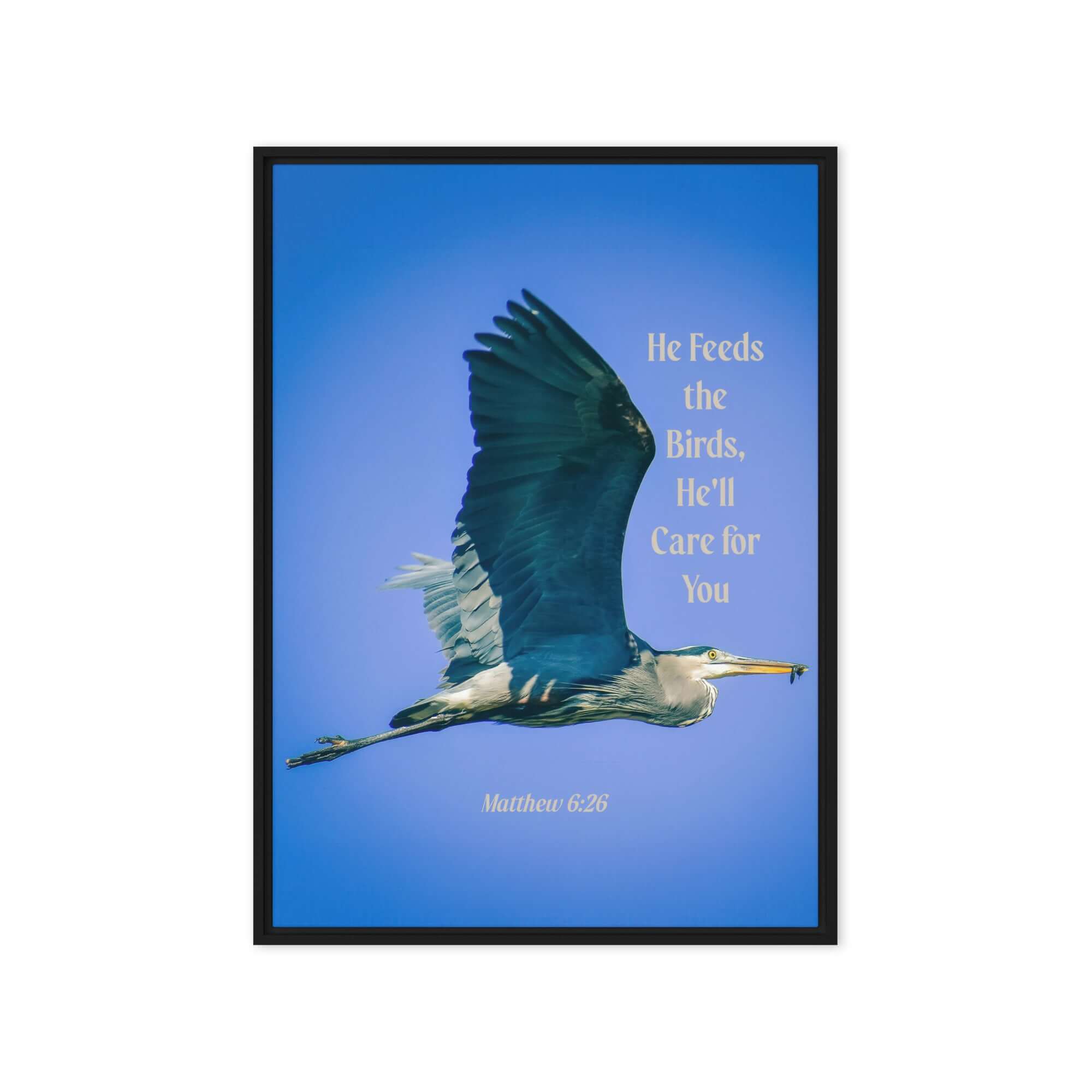 Matthew 6:26 Graceful Heron, He'll Care for You Framed Canvas Print Wall Art Black 20″×28″