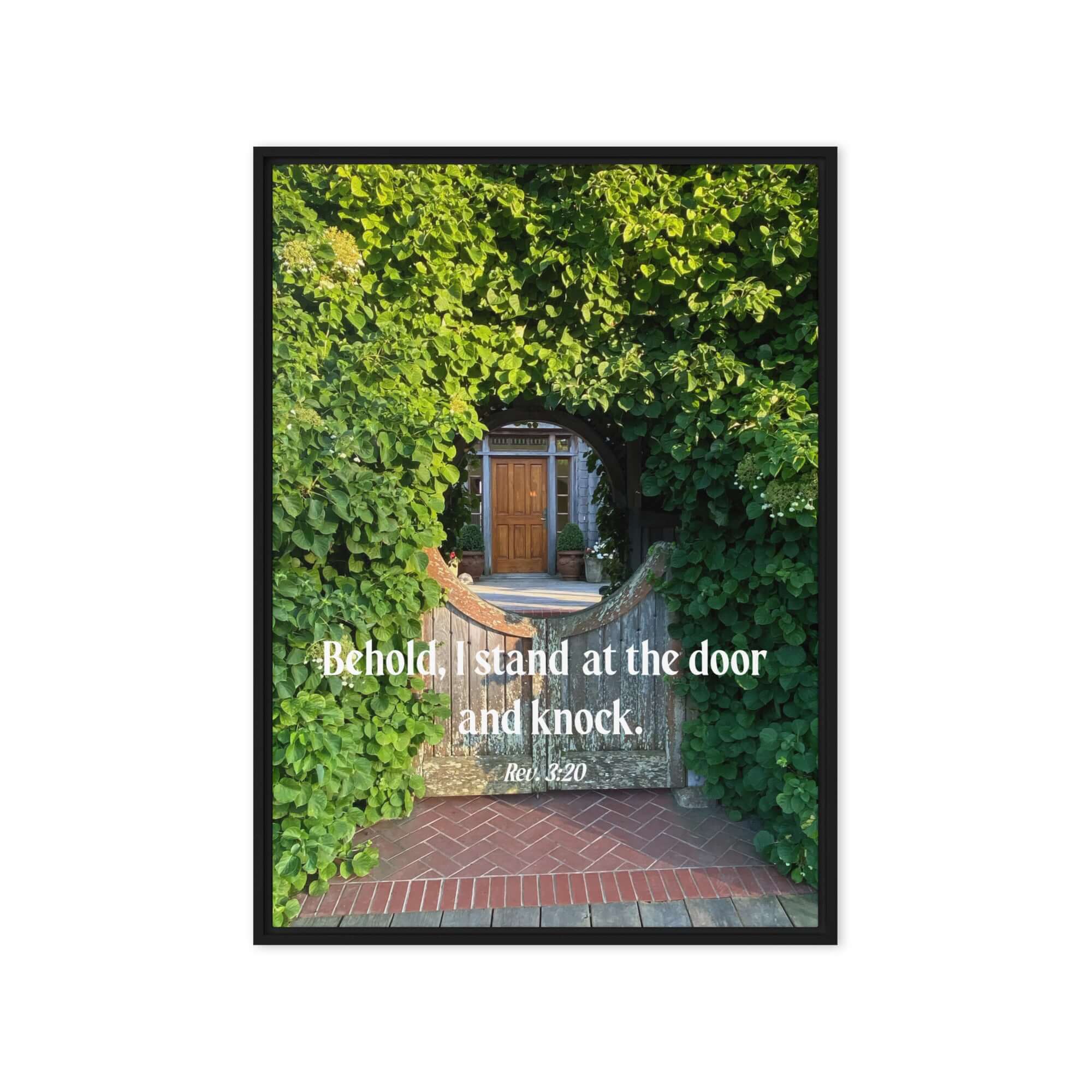 Revelation 3:20 Bible Verse, Garden Doorway Framed Canvas Print Wall Art Black 20″×28″