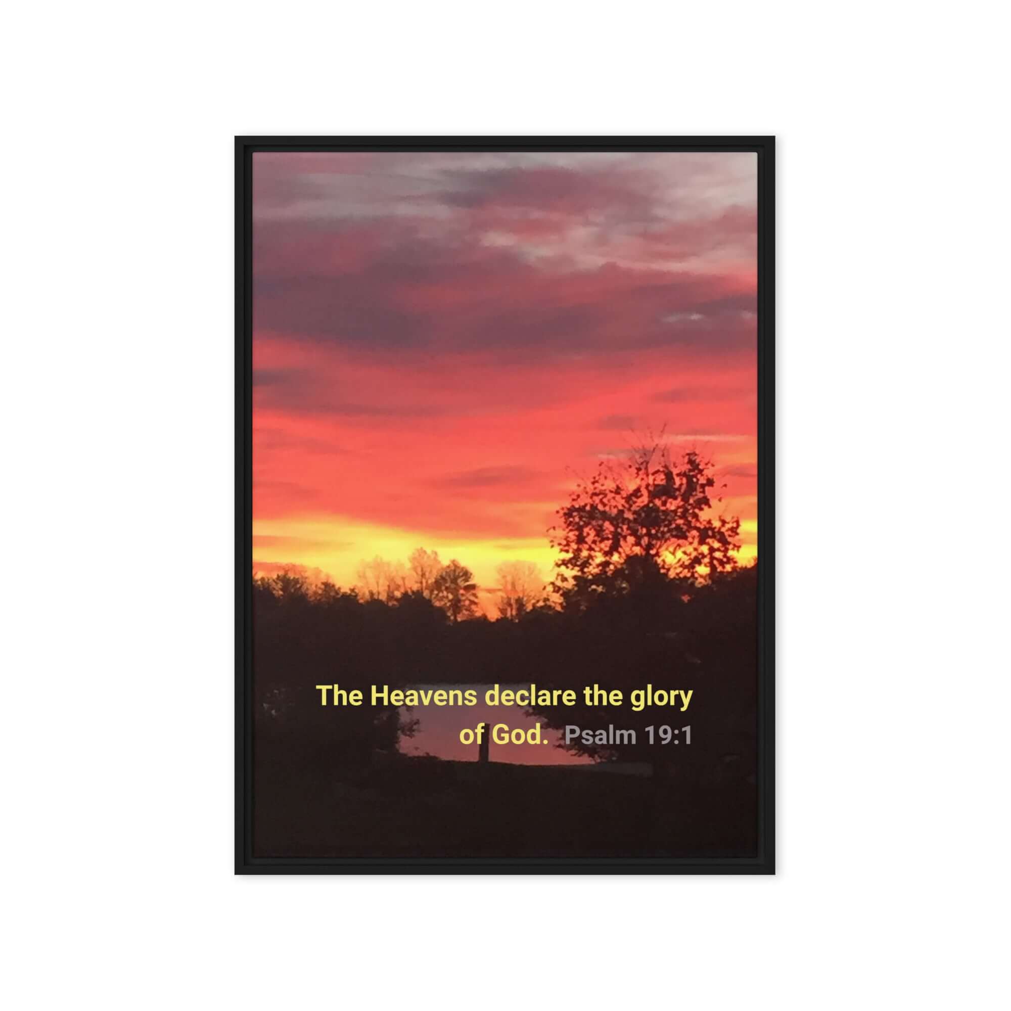 Psalm 19:1 Bible Verse, Sunset Glory Framed Canvas Print Wall Art Black 20″×28″