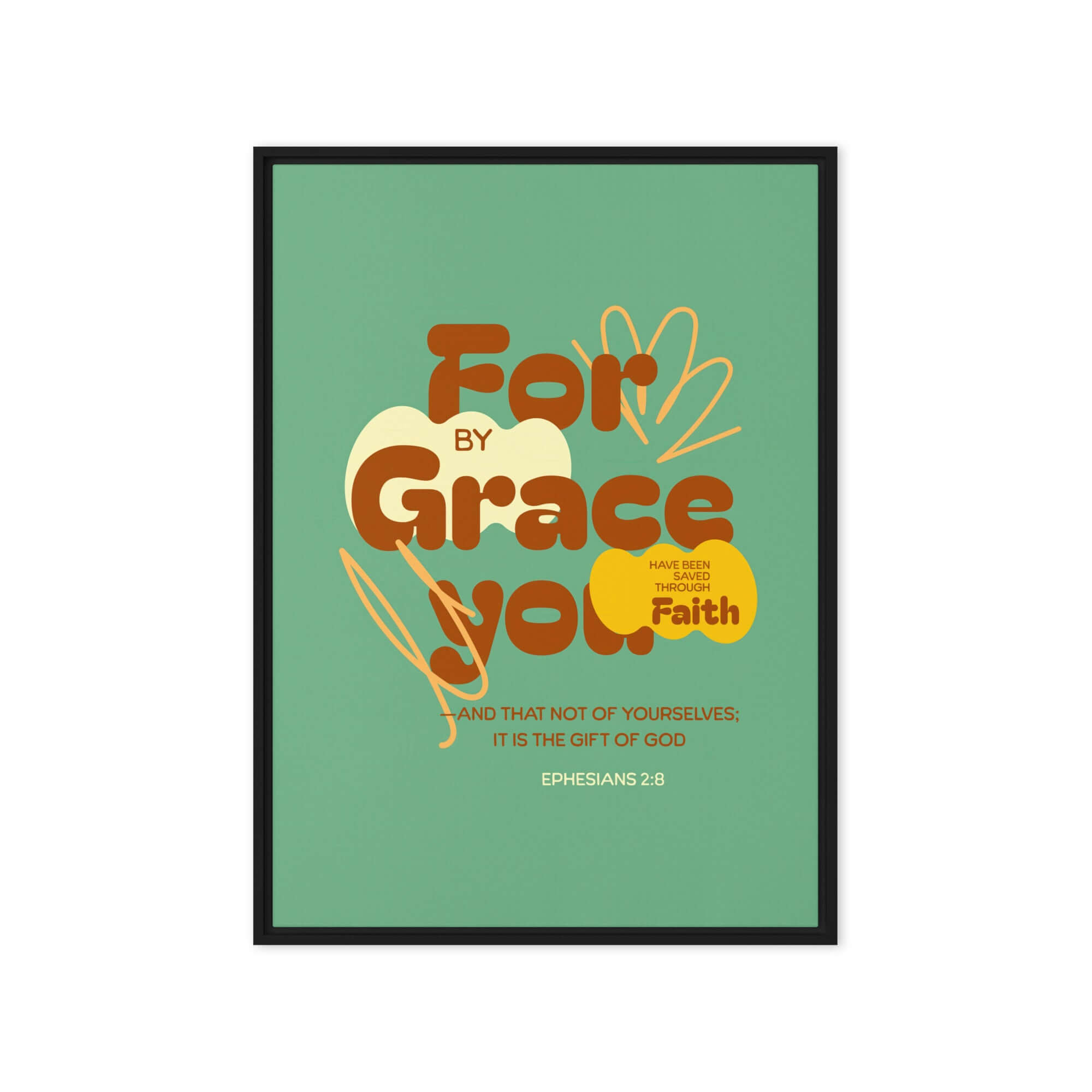 Ephesians 2:8 Bible Verse, for by grace Framed Canvas Print Wall Art Black 20″×28″