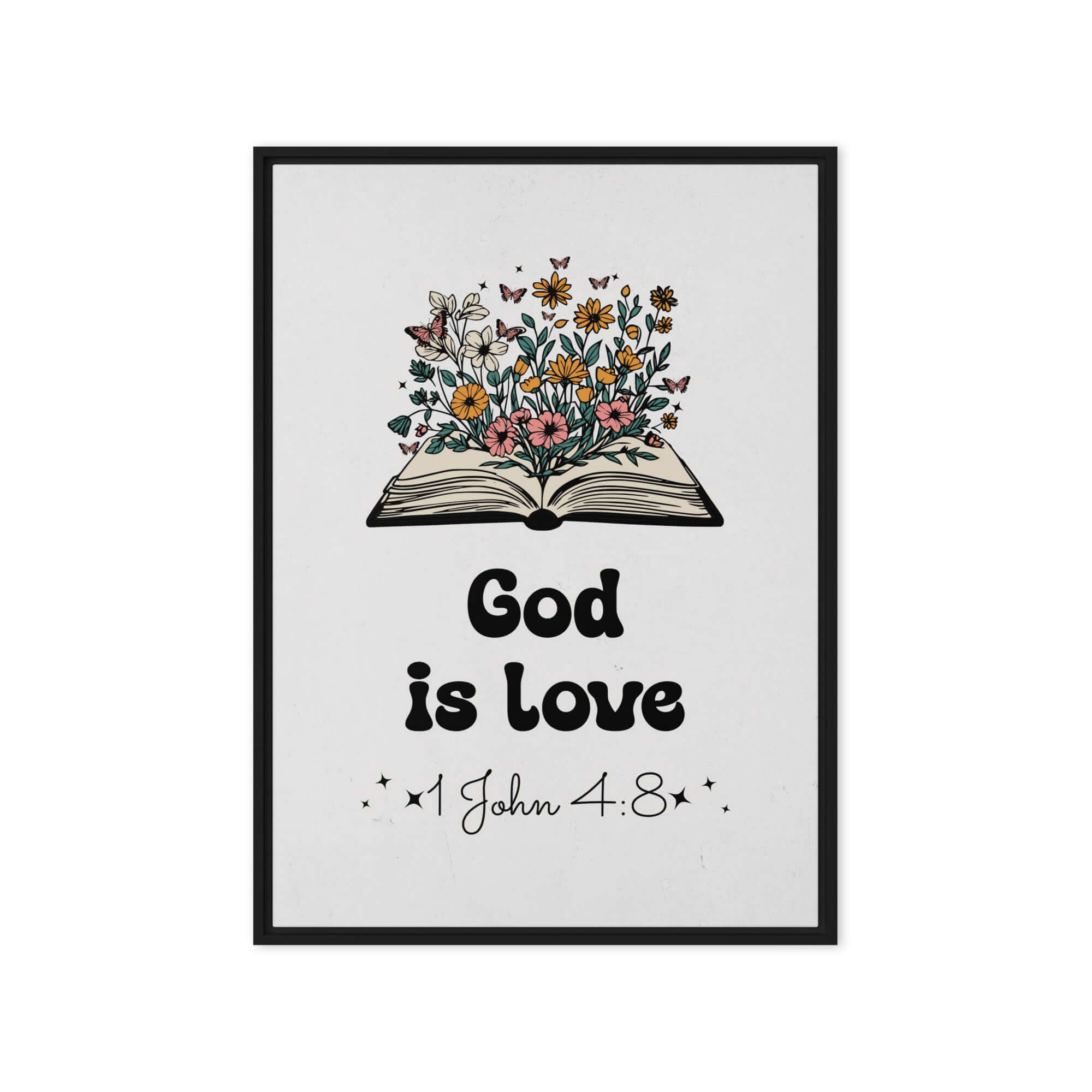 1 John 4:8 Bible Verse, God is Love Framed Canvas Print Wall Art Black 20″×28″