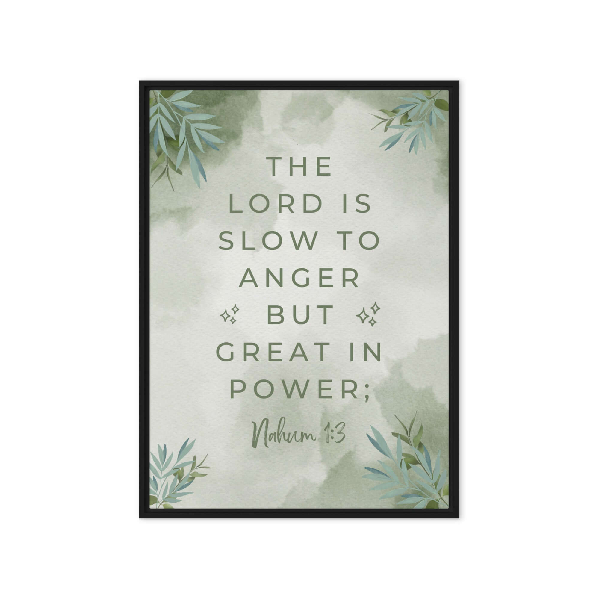 Nahum 1:3 Bible Verse, The Lord is slow Framed Canvas Print Wall Art Black 20″×28″